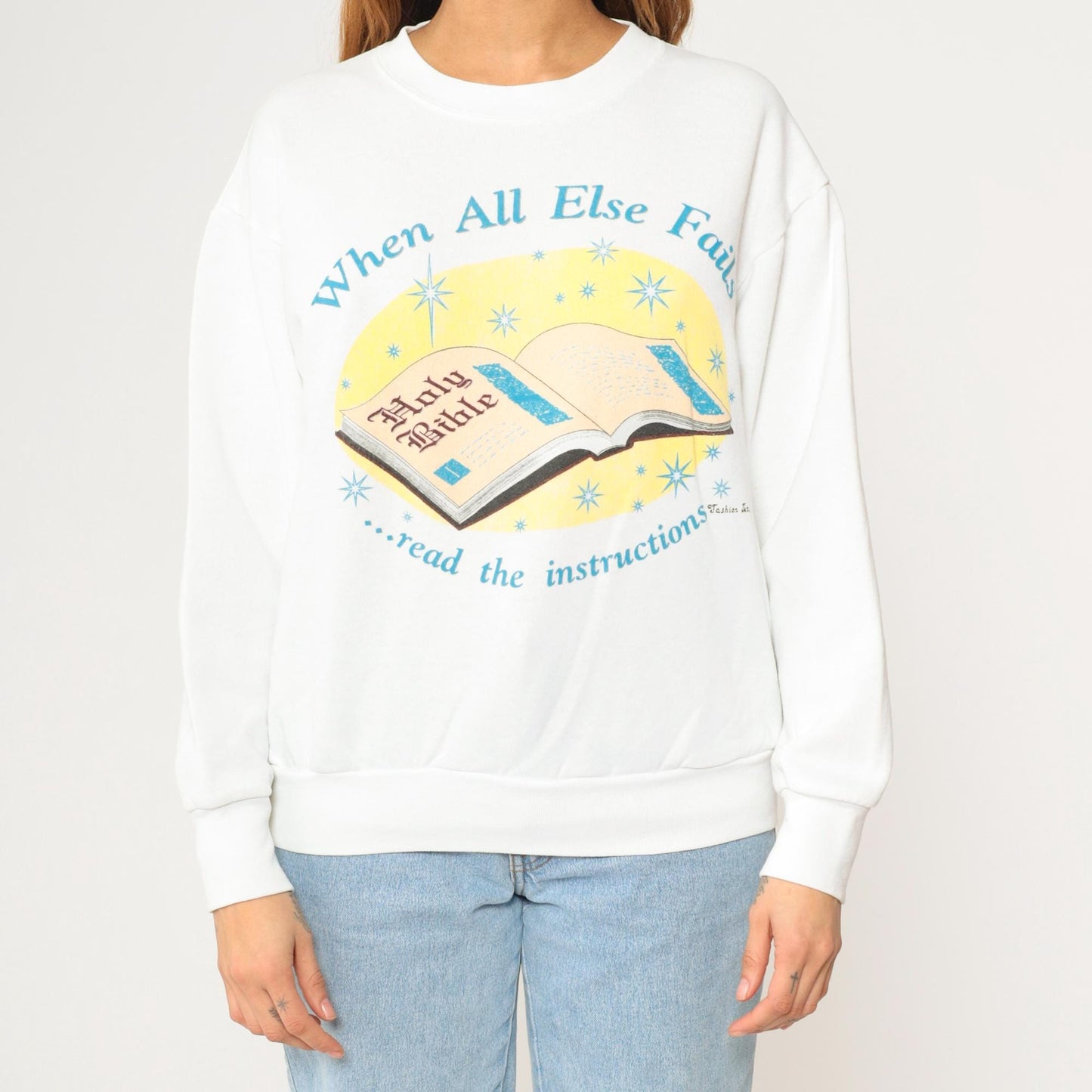 90s Christian Bible Sweatshirt When All Else Fails White Crewneck Large L