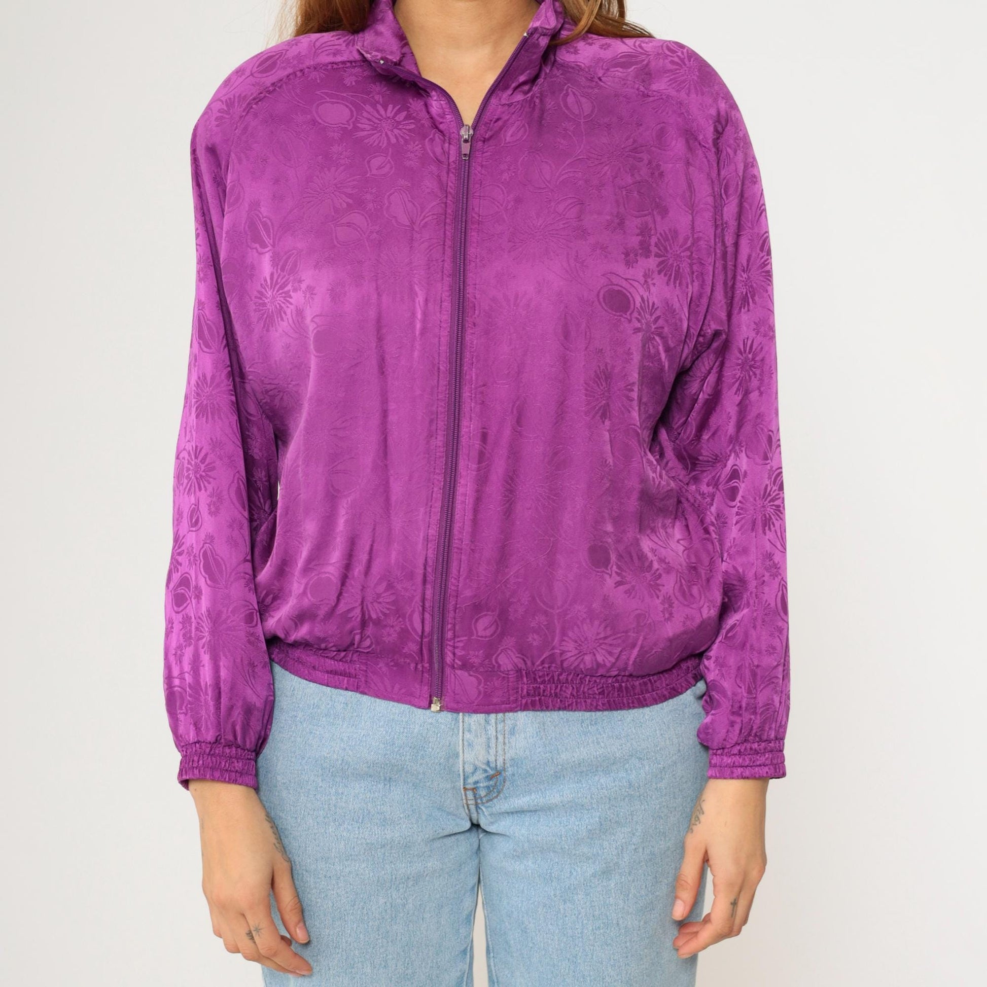 90s Silk Floral Jacquard Windbreaker Purple Zip-Up Raglan Jacket Extra Small