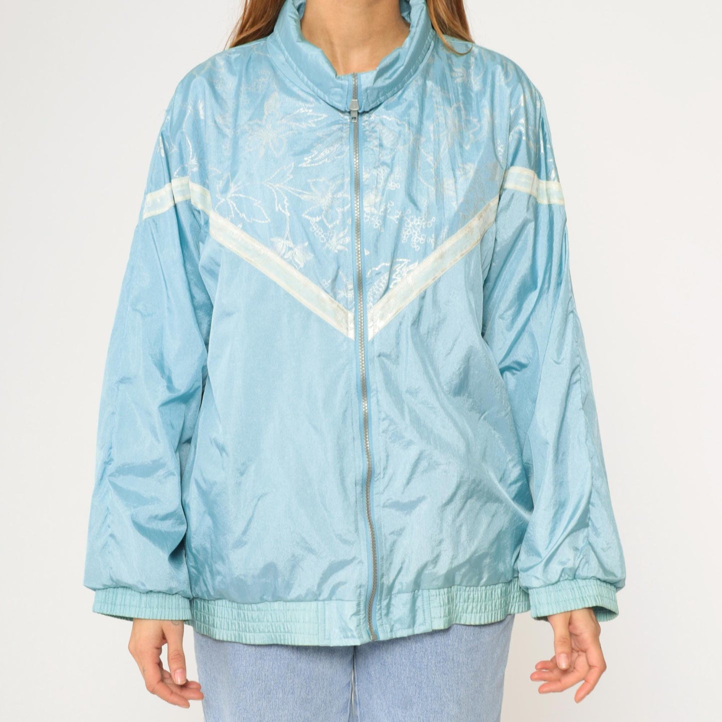 90s Forenza Windbreaker Jacket Light Blue Floral Chevron Stripe Nylon Large L