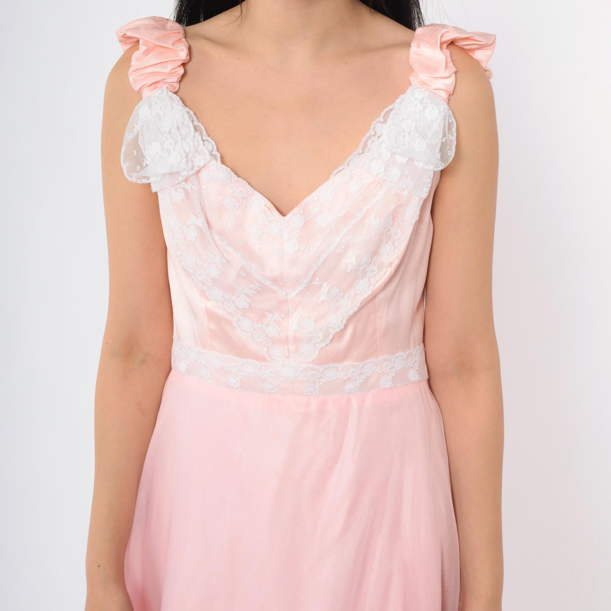 70s Priscilla of Boston Pink Chiffon Maxi Gown Ruched Bow Small