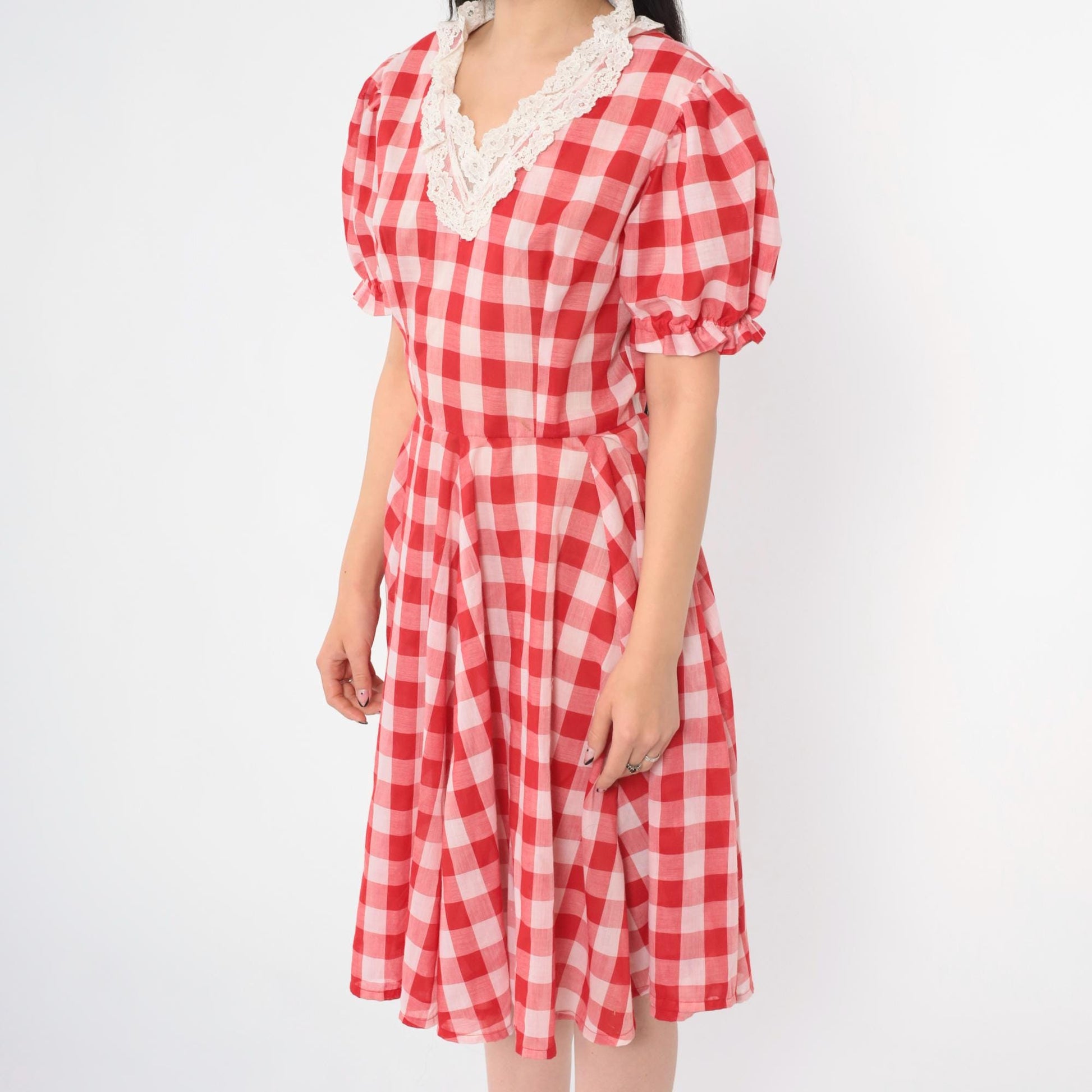 1970s Red Gingham Dress Puff Sleeve V-Neck Fit Flare Knee Length Small S