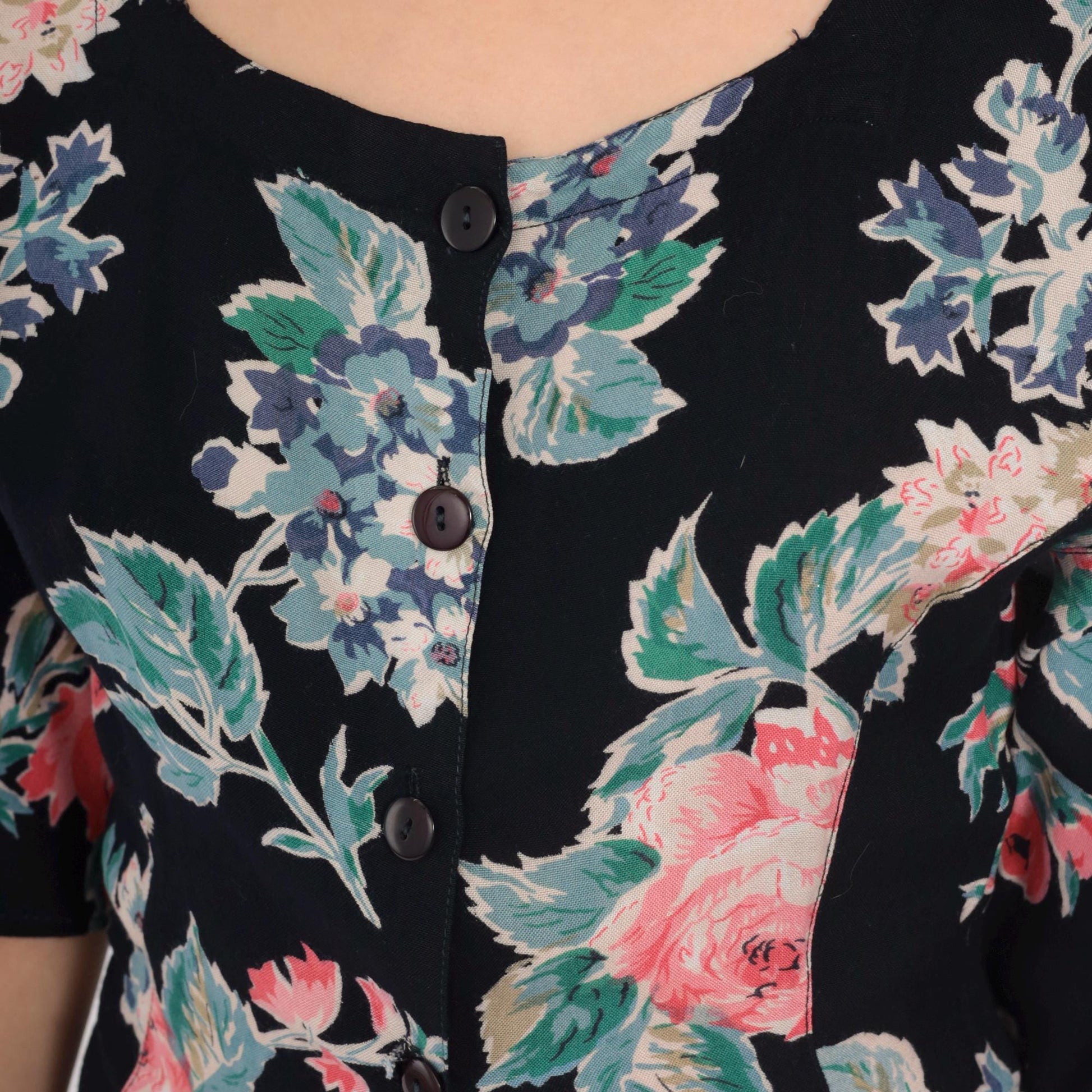 90s Black Floral Midi Dress Button-Up Scoop Neck Short Sleeve Small S
