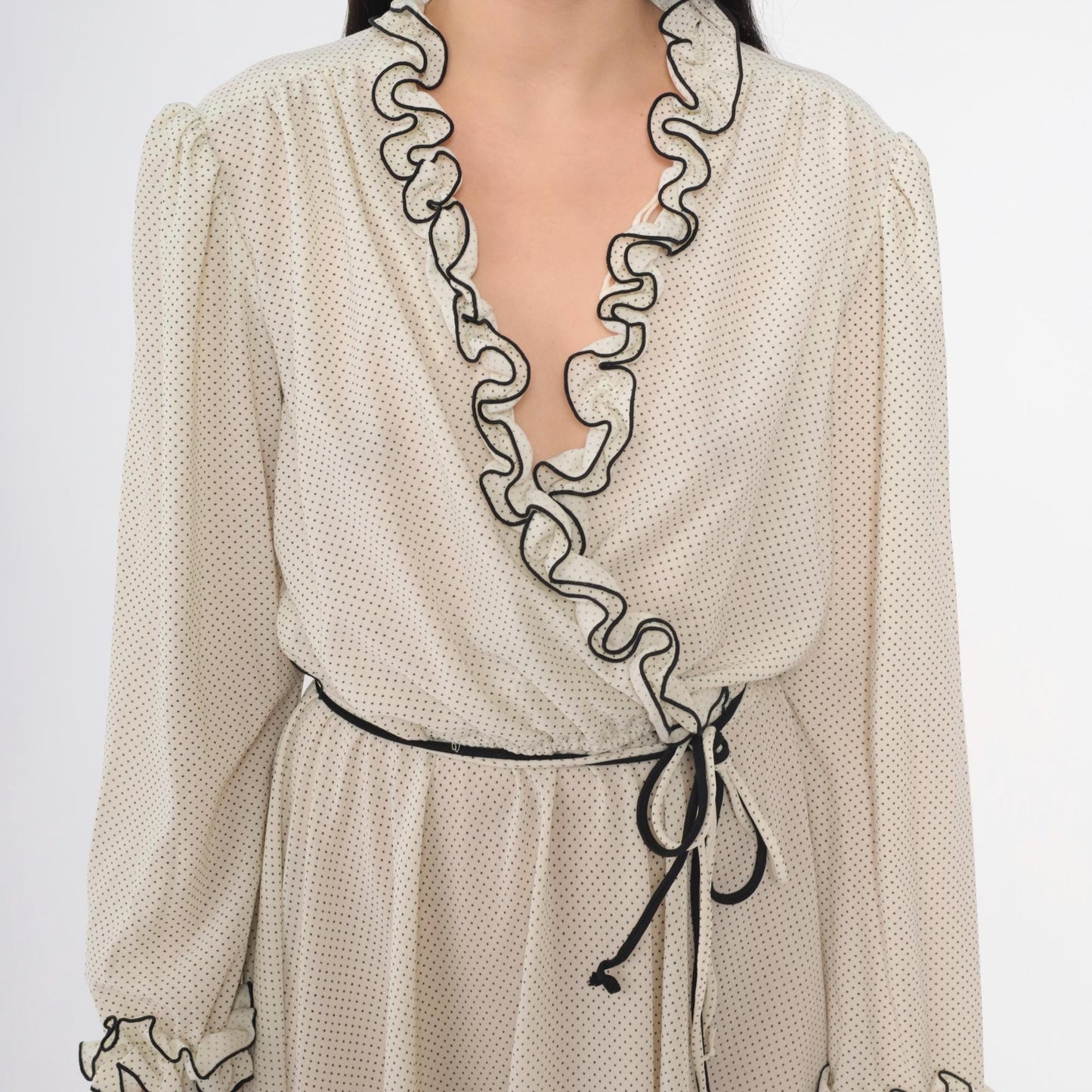 70s White Polka Dot Midi Wrap Dress Puff Sleeve V Neck High Waist Medium M