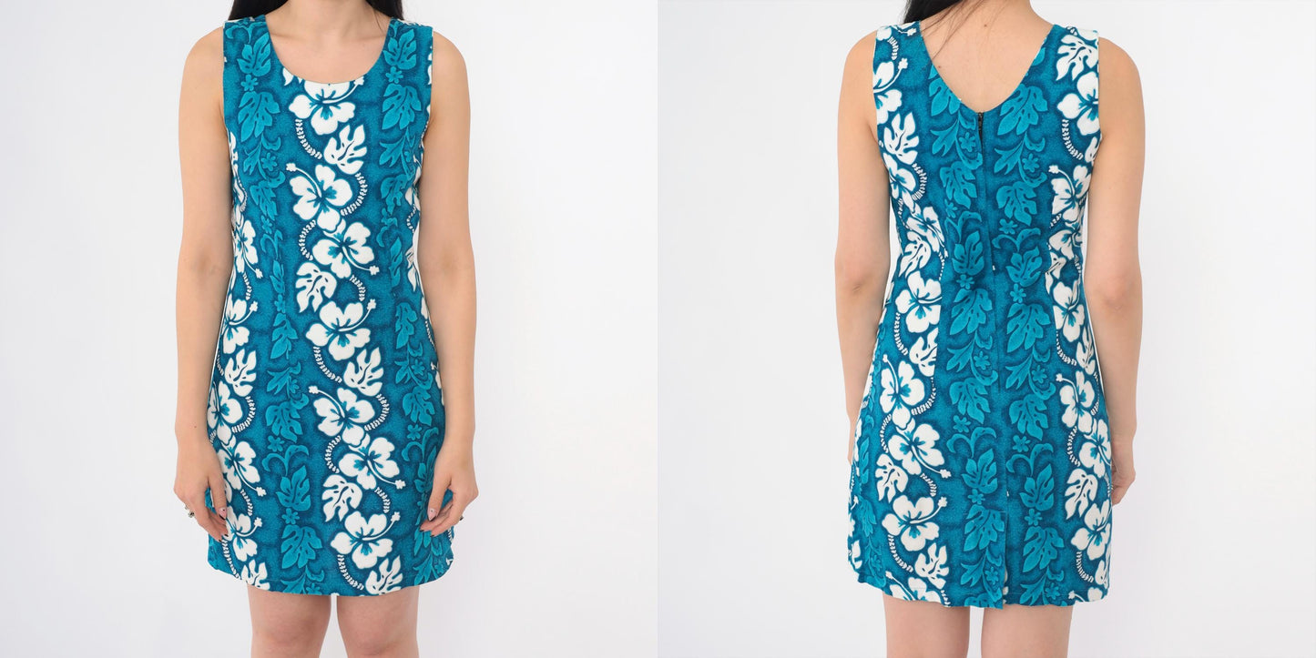 90s Hawaiian Floral Mini Dress Blue White Hibiscus Sleeveless Sheath Extra Small