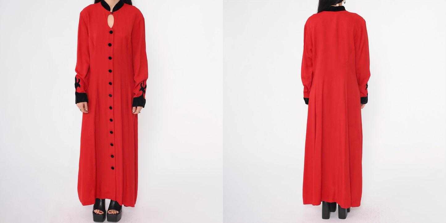 90s Panache Red Velvet Maxi Dress Button-Up Keyhole Mandarin Collar Large