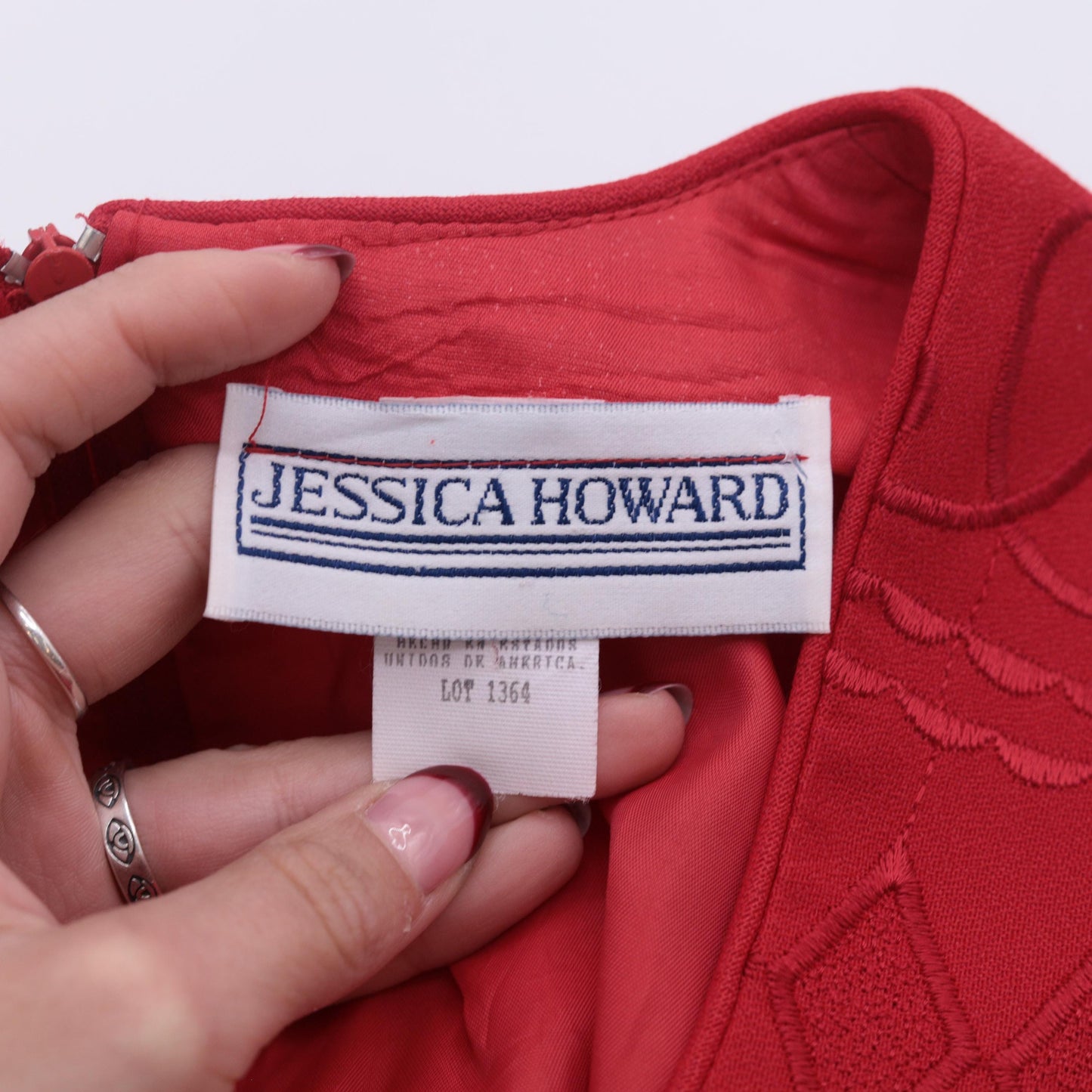 90s Jessica Howard Red Geometric Embroidered Midi Dress Empire Waist Small