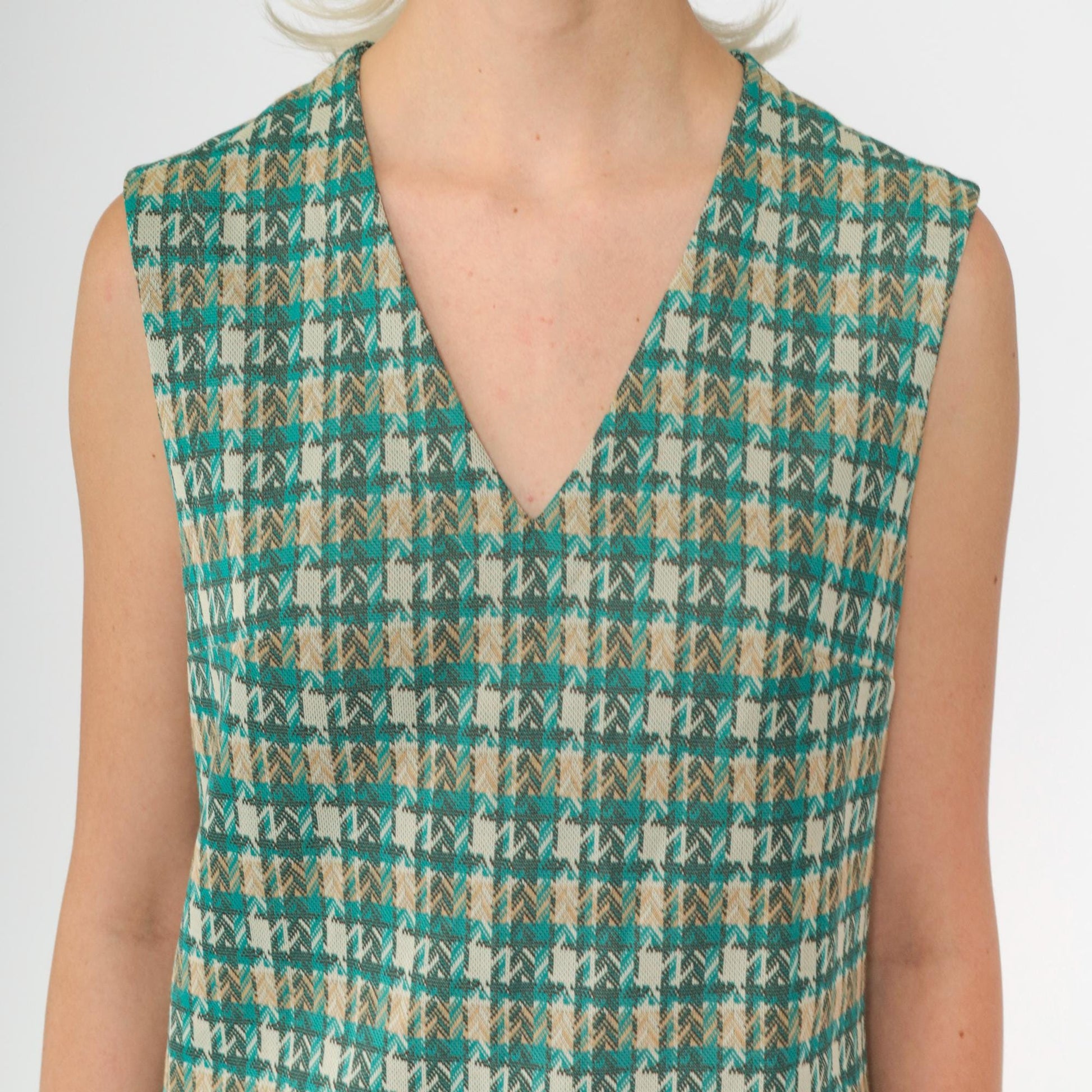 70s Plaid Tank Top Turquoise V-Neck Sleeveless Checkered Shirt Small