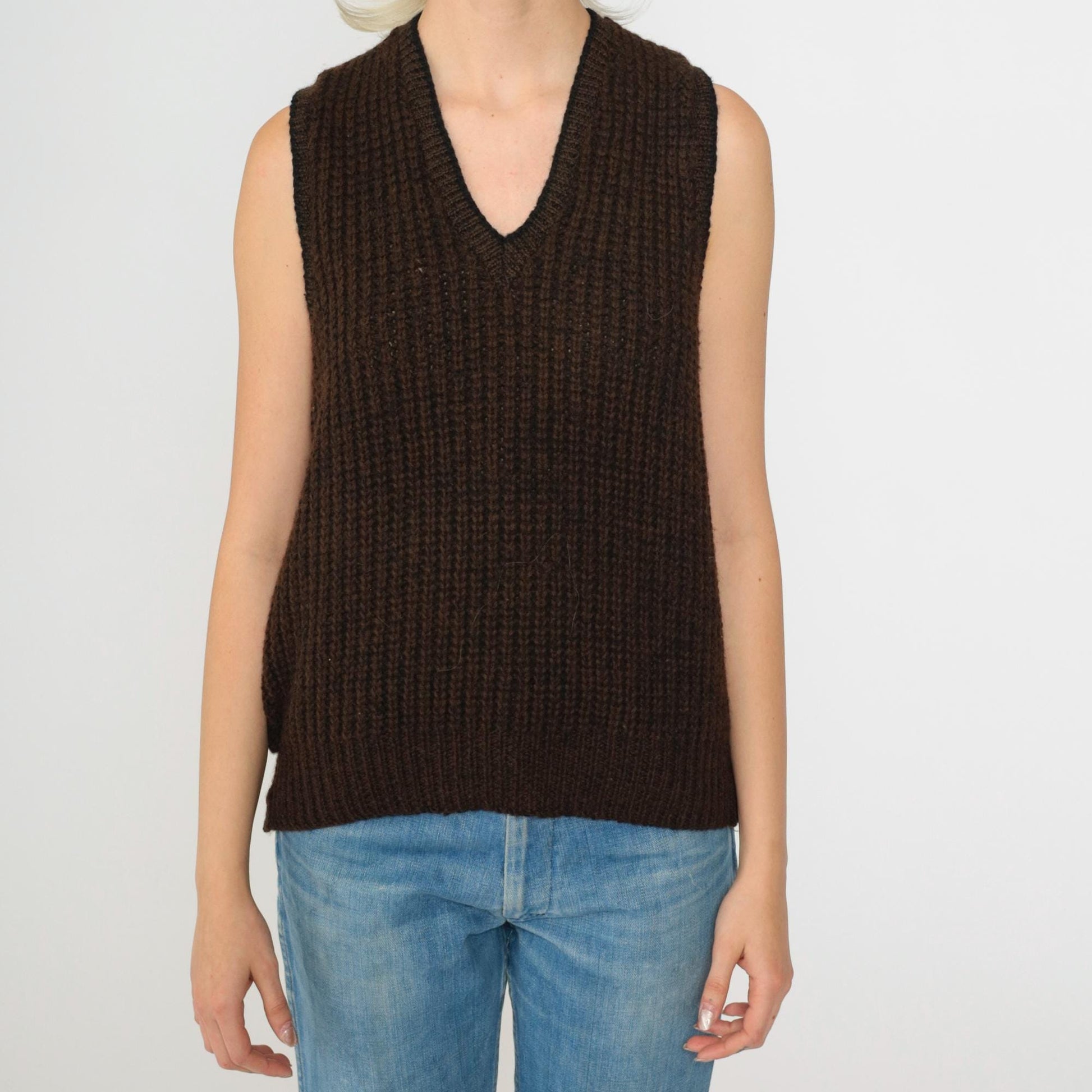 80s Broadway Wool Sweater Vest Brown Ribbed V-Neck Knit Small