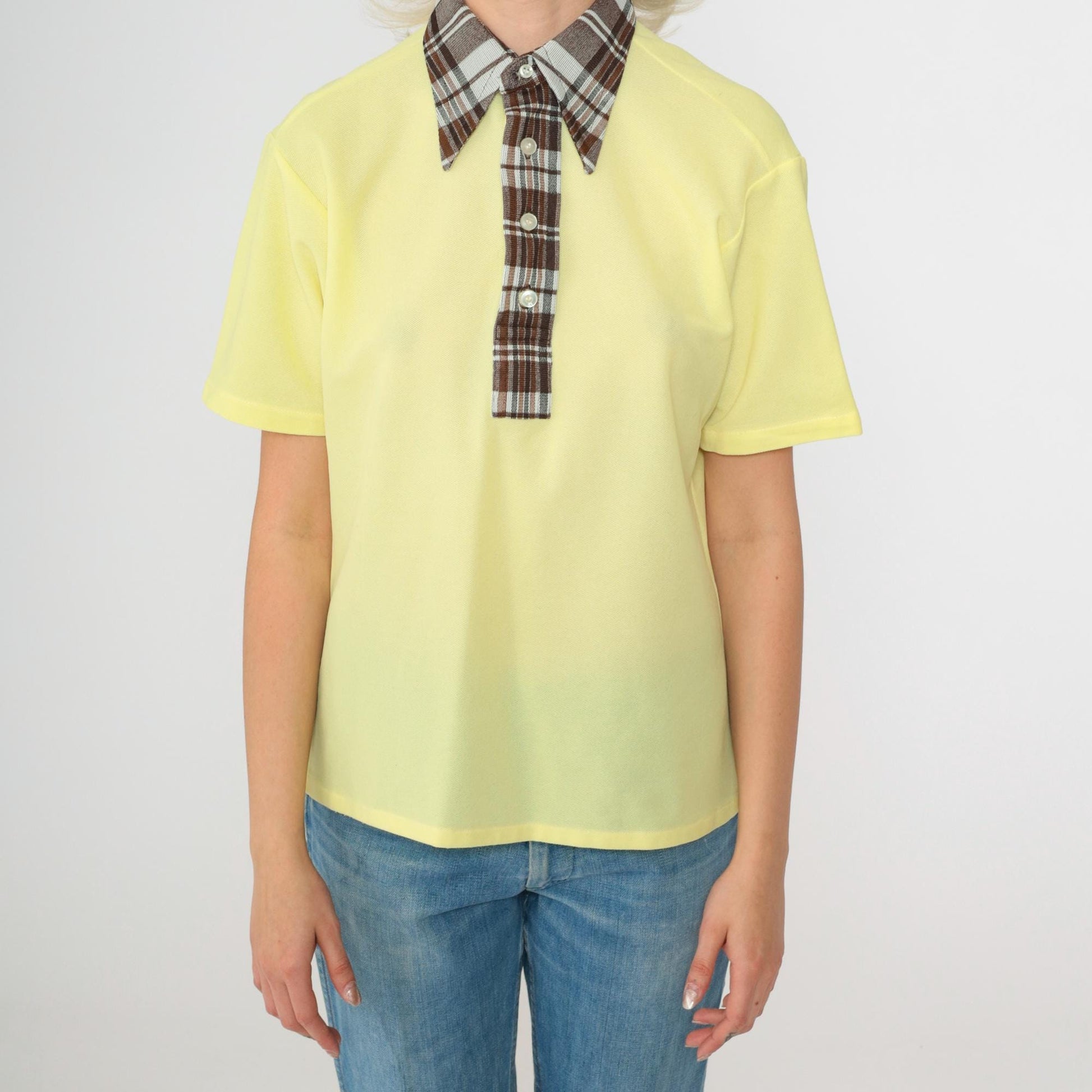 70s Yellow Polo Shirt Brown Checkered Collar Short Sleeve Medium