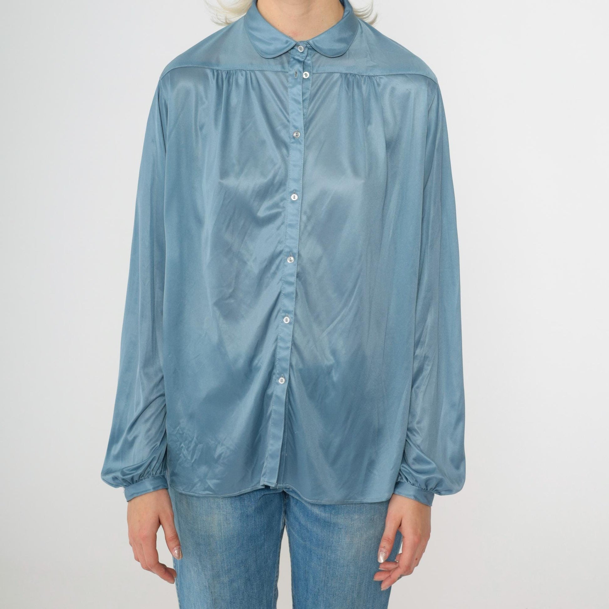 70s Blue Peter Pan Collar Button-Up Blouse Long Sleeve Large L