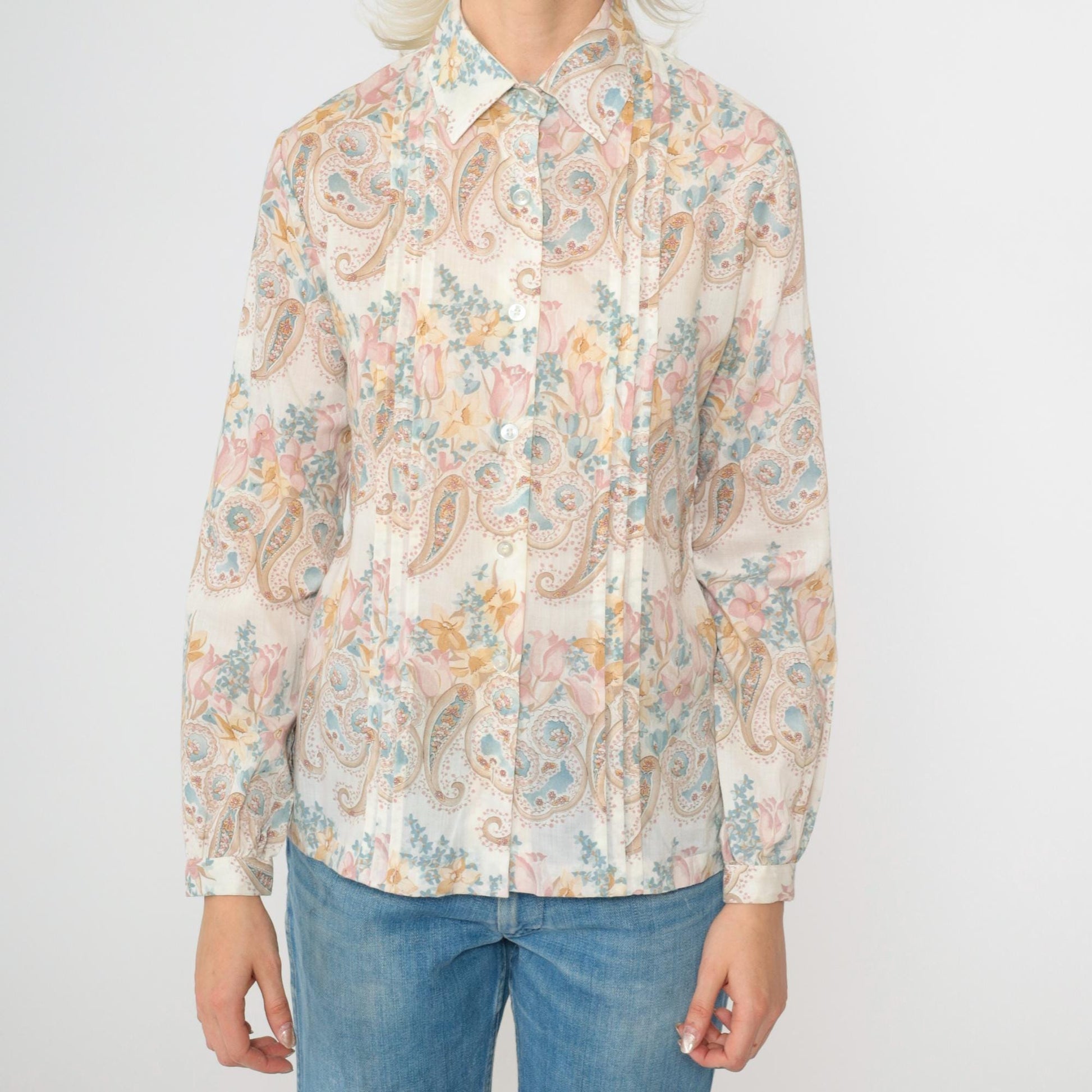 70s Floral Paisley Button-Up Blouse White Long Sleeve Pleated Shirt Small