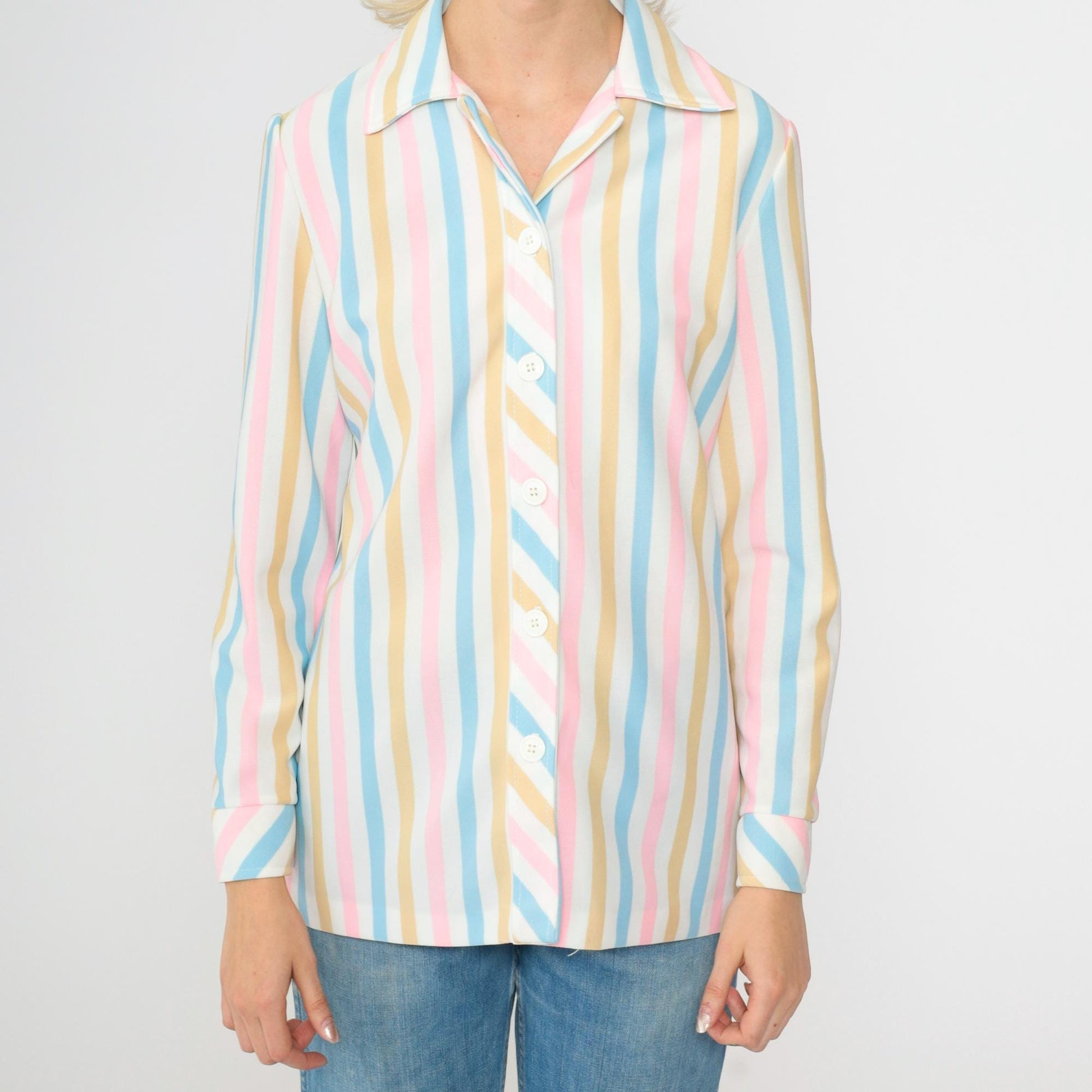 70s Pastel Striped Button-Up Blouse White Pink Blue Long Sleeve Small