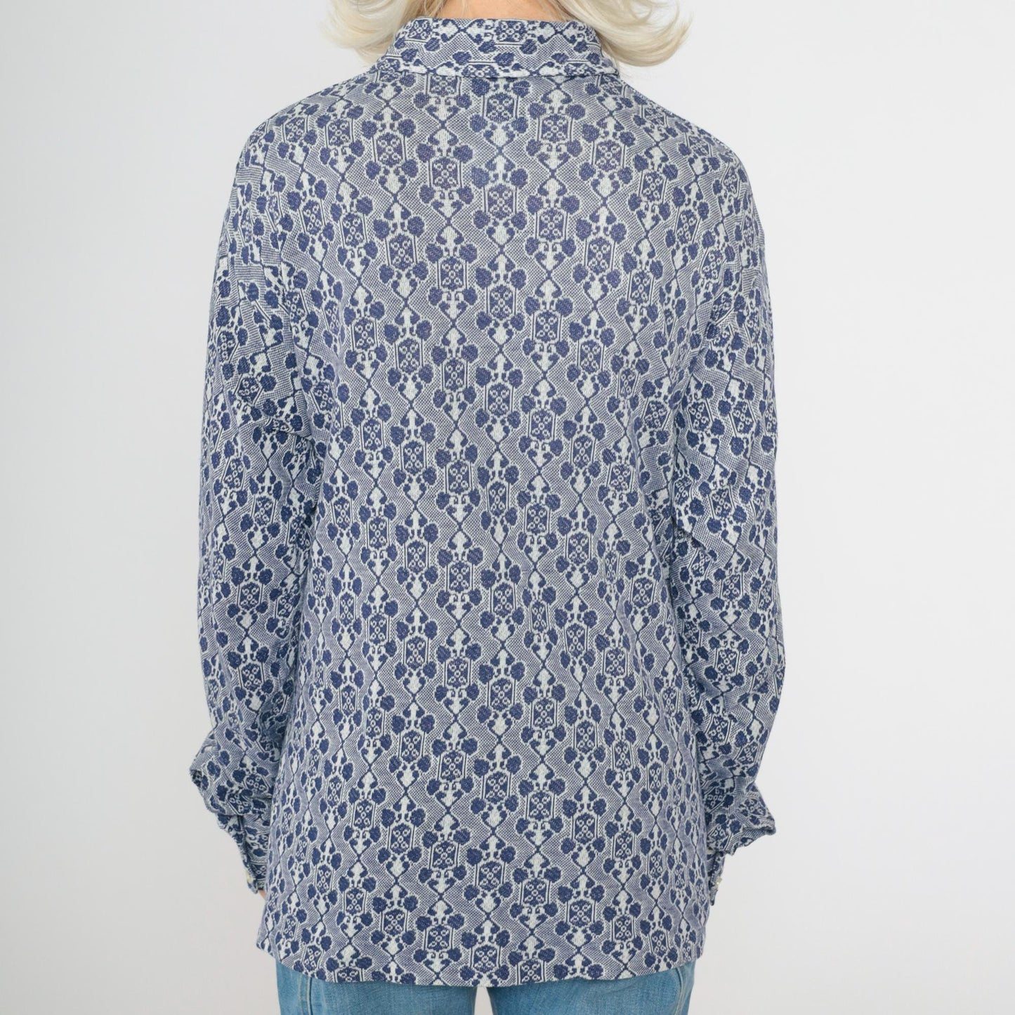 70s Van Heusen Jacquard Geometric Button Up Shirt Blue White Large