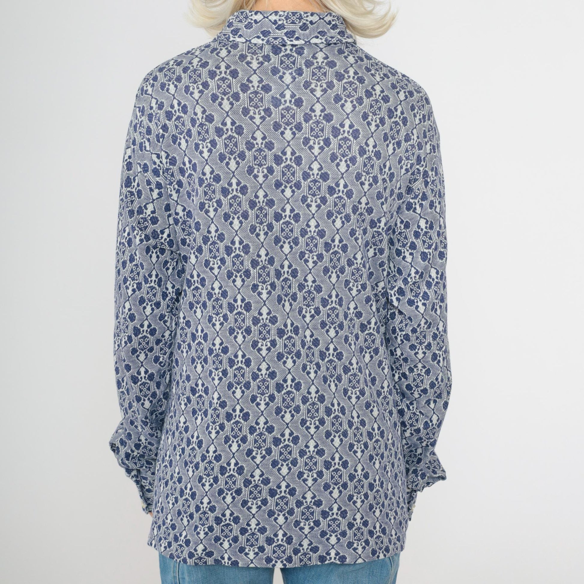 70s Van Heusen Jacquard Geometric Button Up Shirt Blue White Large