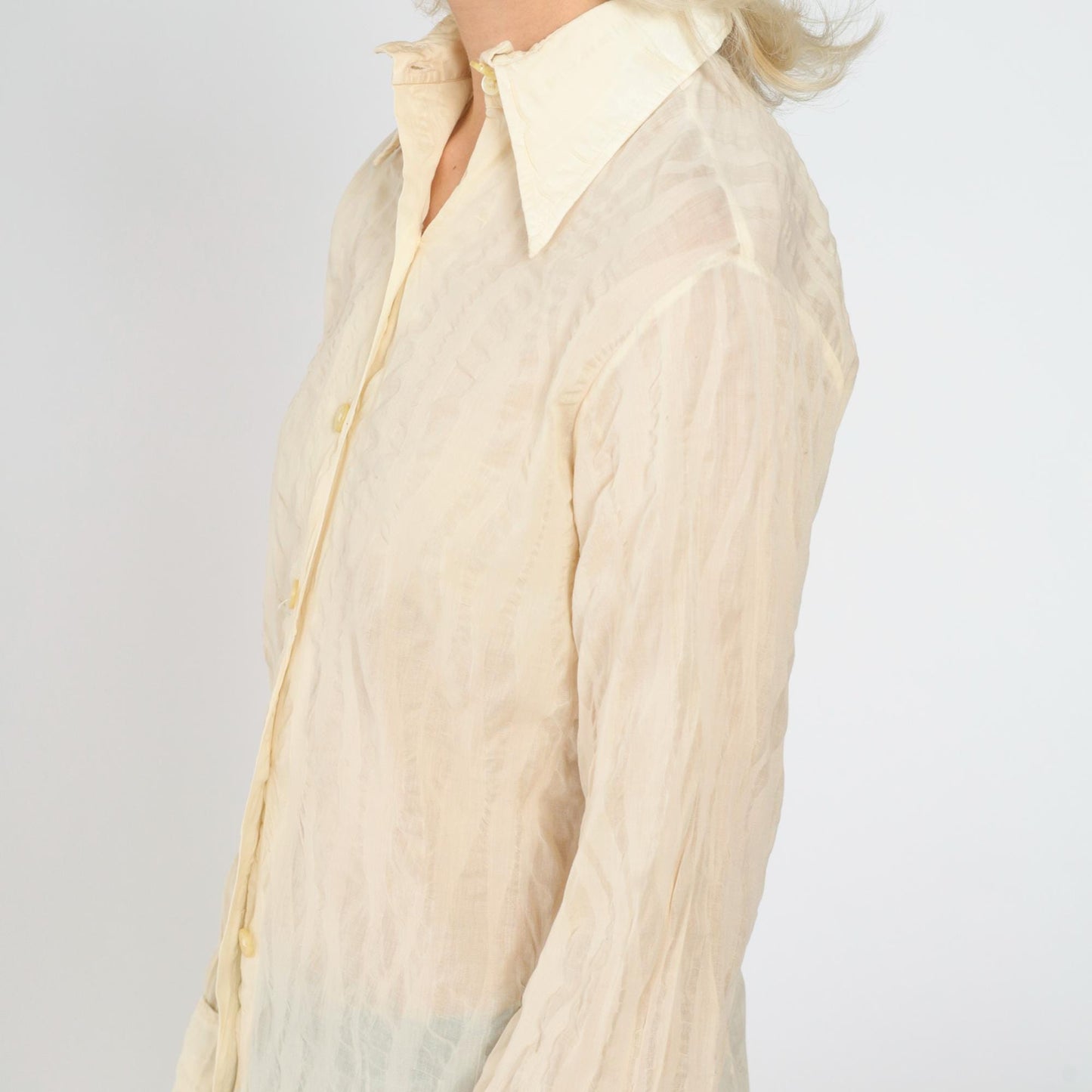 70s Morgan of London Cream Striped Dagger Collar Blouse Long Sleeve Small