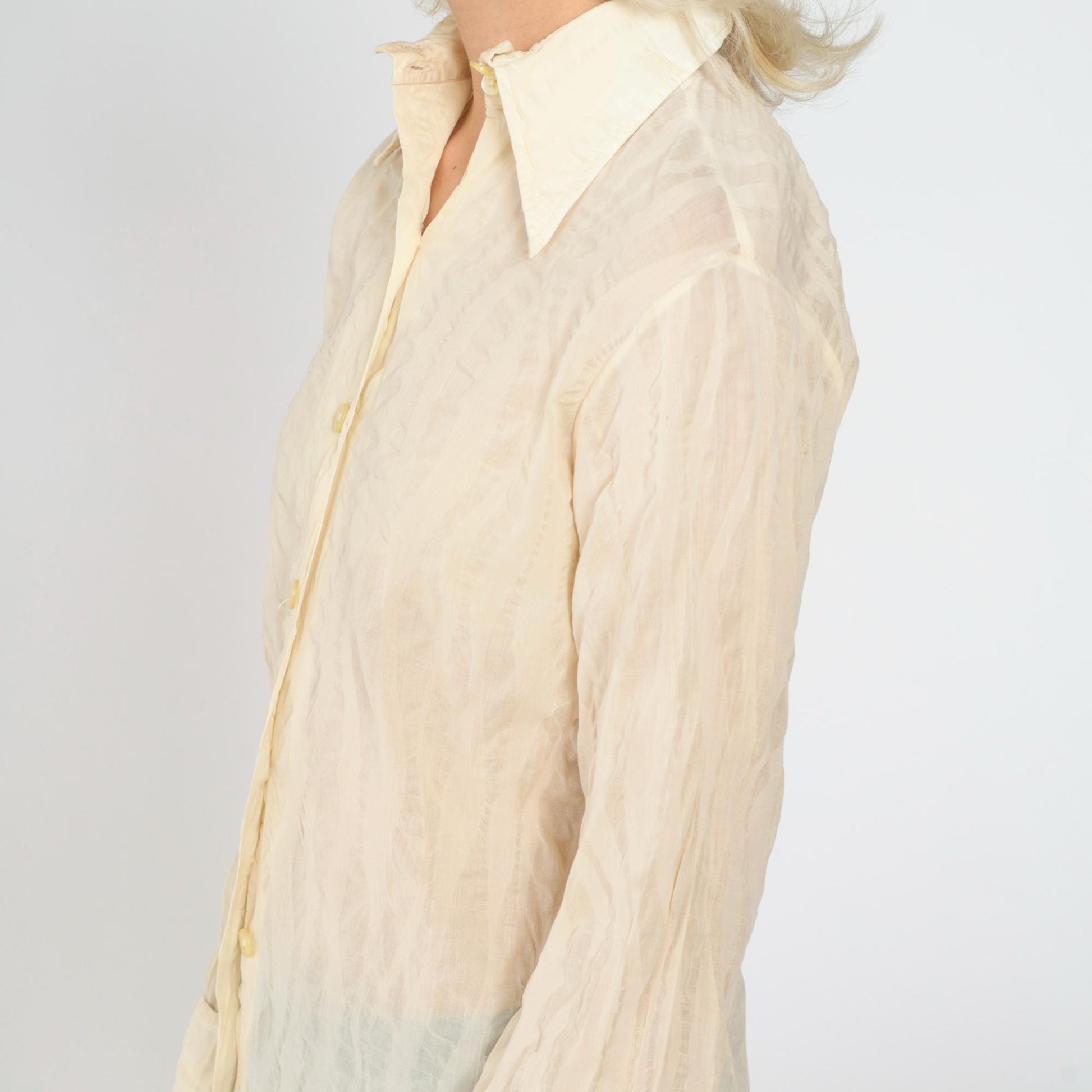 70s Morgan of London Cream Striped Dagger Collar Blouse Long Sleeve Small