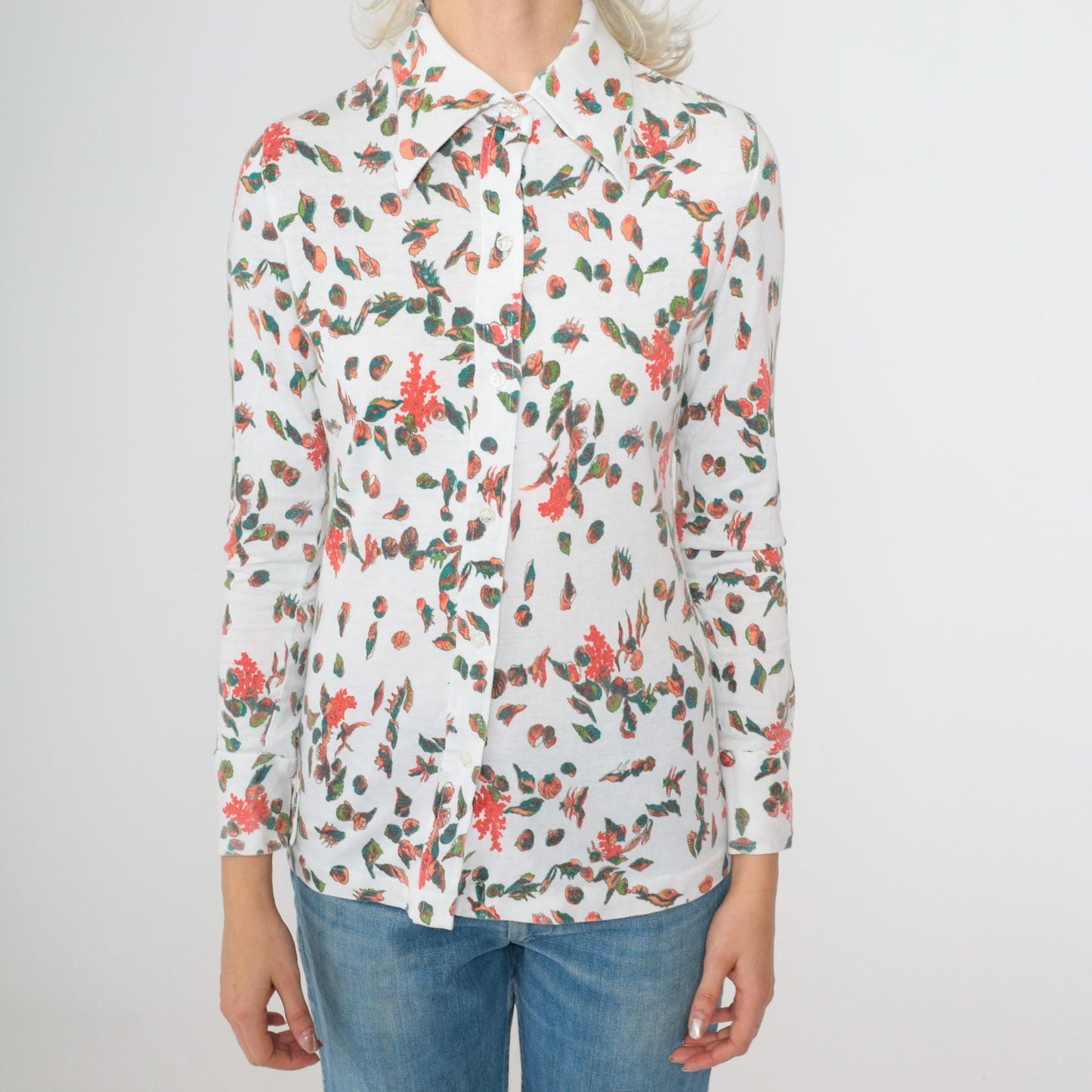 70s Seashell Print Button-Up Blouse White Novelty Shirt Long Sleeve Small
