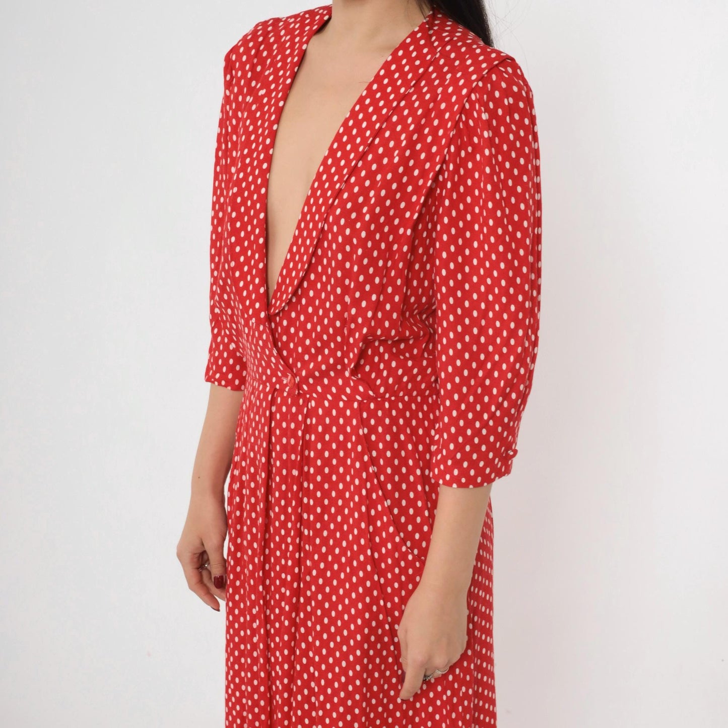80s Red Polka Dot Midi Dress Deep V Puff Sleeve Pleated Small