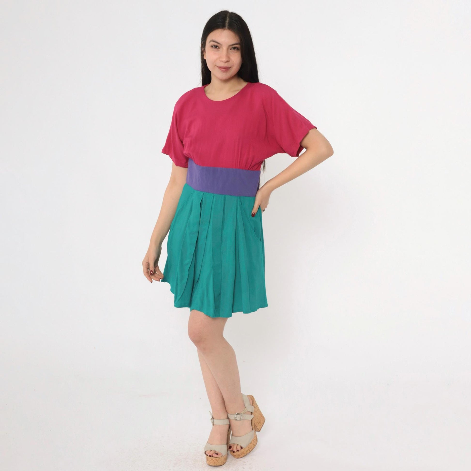 80s Steven Michaels Color Block Mini Dress Fuchsia Teal Purple High Waist Medium