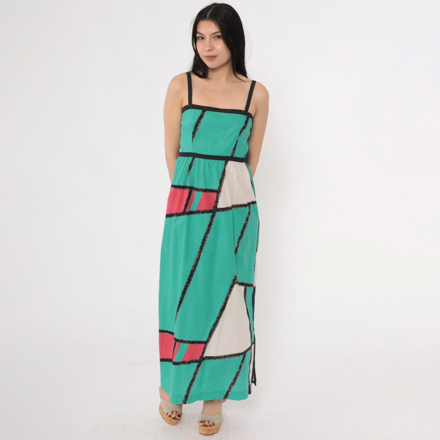 80s Teal Fuchsia Colorblock Maxi Sundress Spaghetti Strap High Waist Extra Small