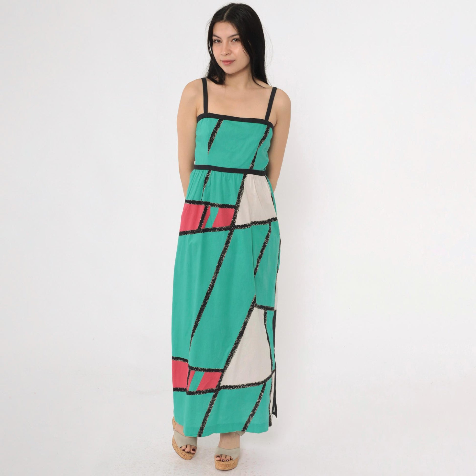 80s Teal Fuchsia Colorblock Maxi Sundress Spaghetti Strap High Waist Extra Small