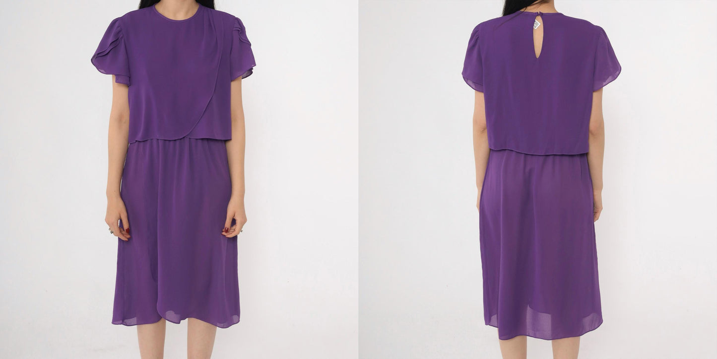 80s Purple Tulip Sleeve Dress Layered Bodice Knee Length Medium M