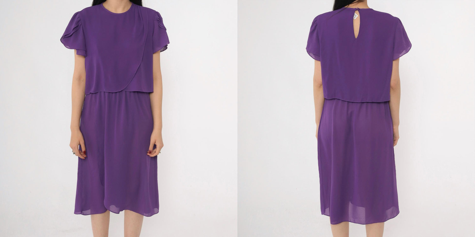 80s Purple Tulip Sleeve Dress Layered Bodice Knee Length Medium M