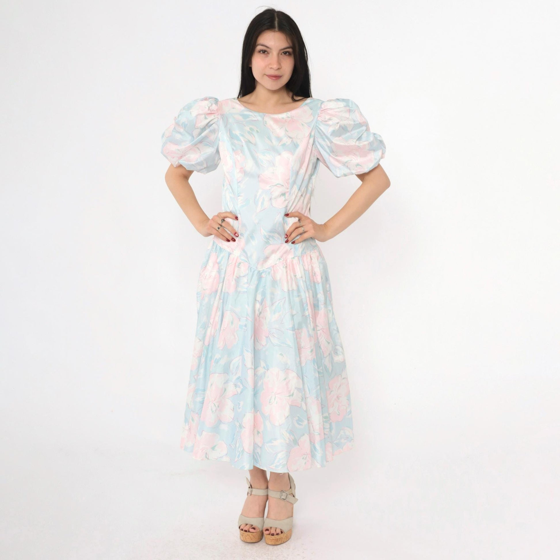 80s Pastel Floral Midi Dress Puff Sleeve Basque Waist Blue Pink Small