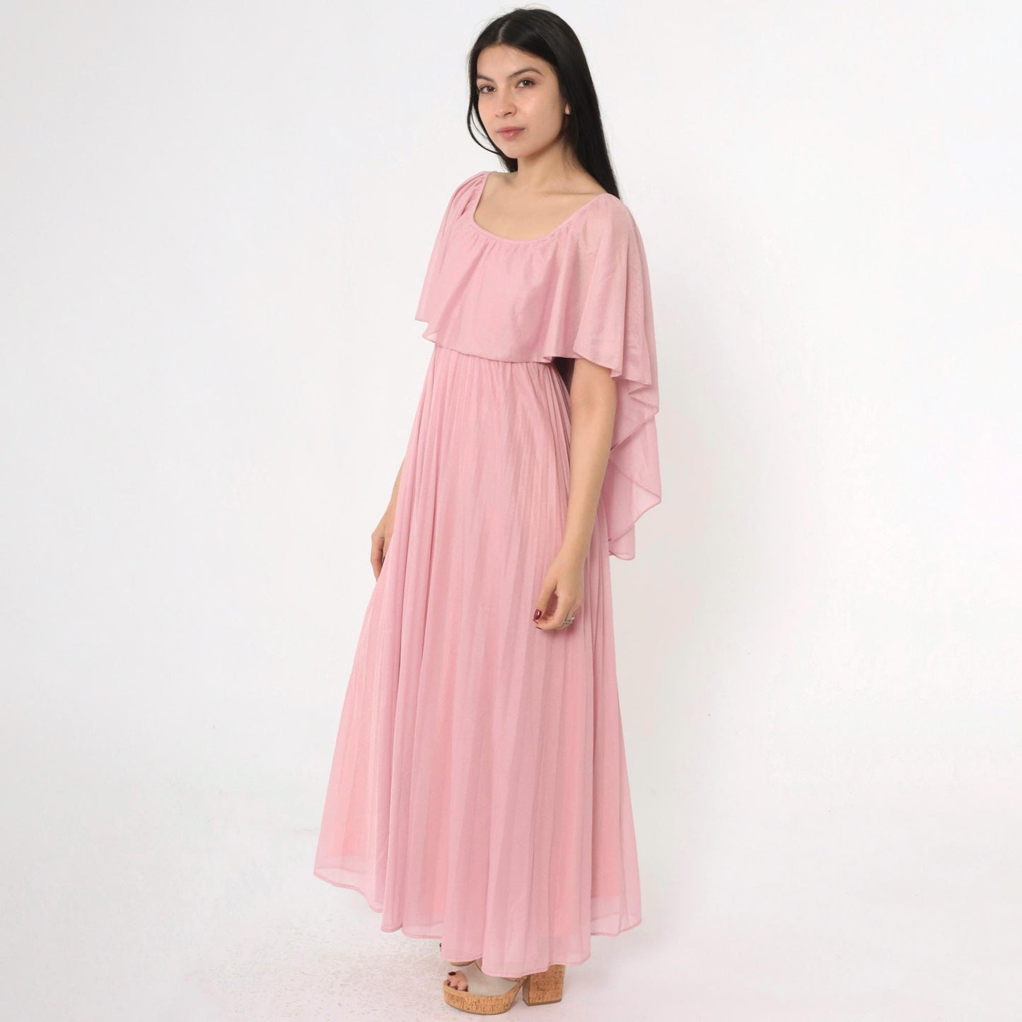70s Pink Grecian Maxi Dress Capelet Flutter Sleeve High Waist Extra Small