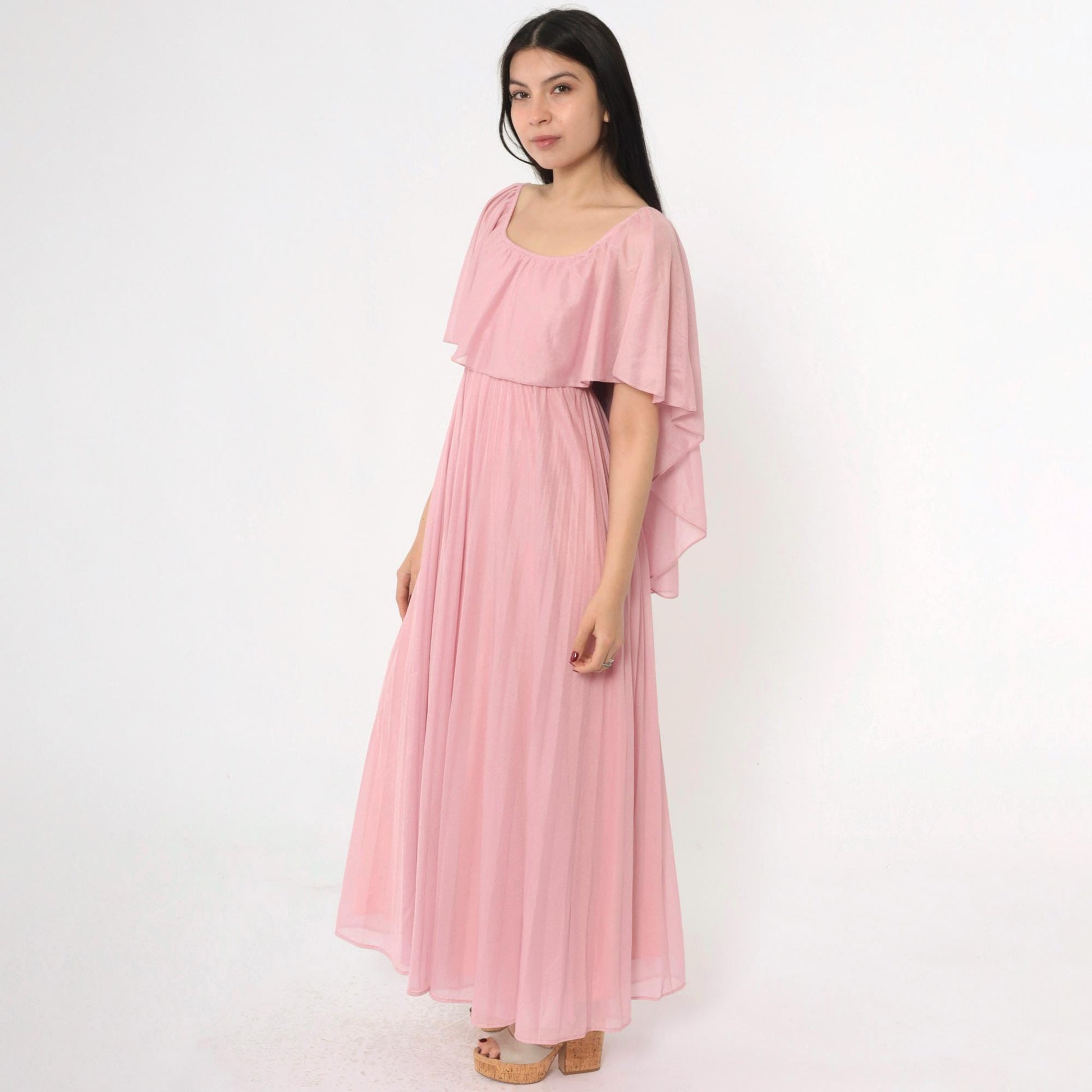 70s Pink Grecian Maxi Dress Capelet Flutter Sleeve High Waist Extra Small