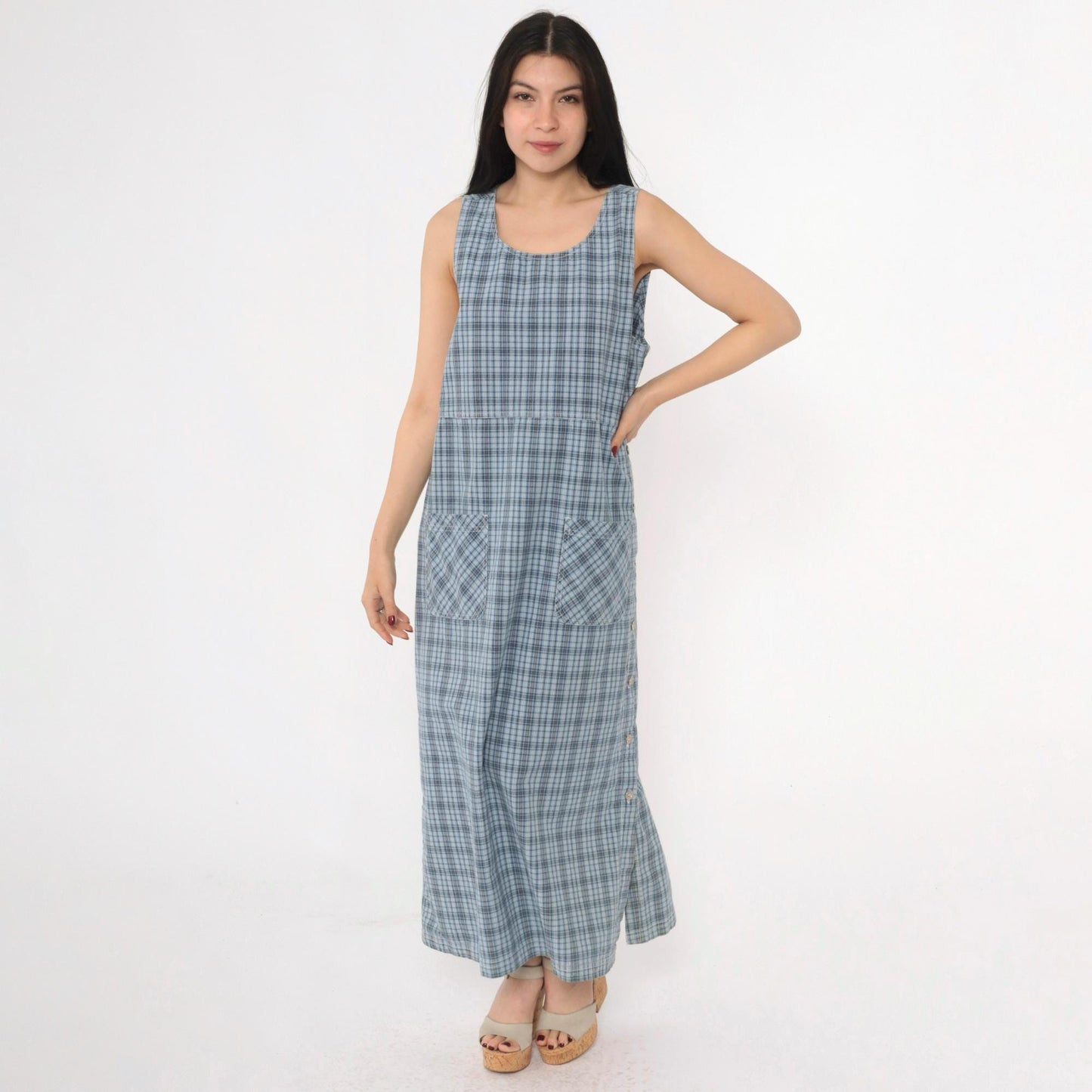 90s Erika & Co Blue Plaid Maxi Jumper Dress Cotton High Waist Medium M