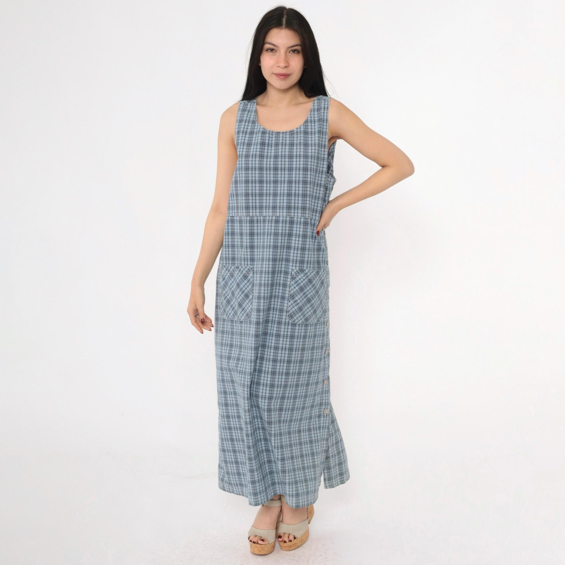 90s Erika & Co Blue Plaid Maxi Jumper Dress Cotton High Waist Medium M