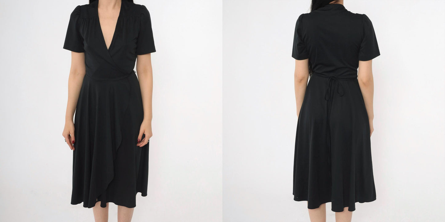 70s Young Edwardian Arpeja Black Wrap Midi Dress Puff Sleeve V Neck Small