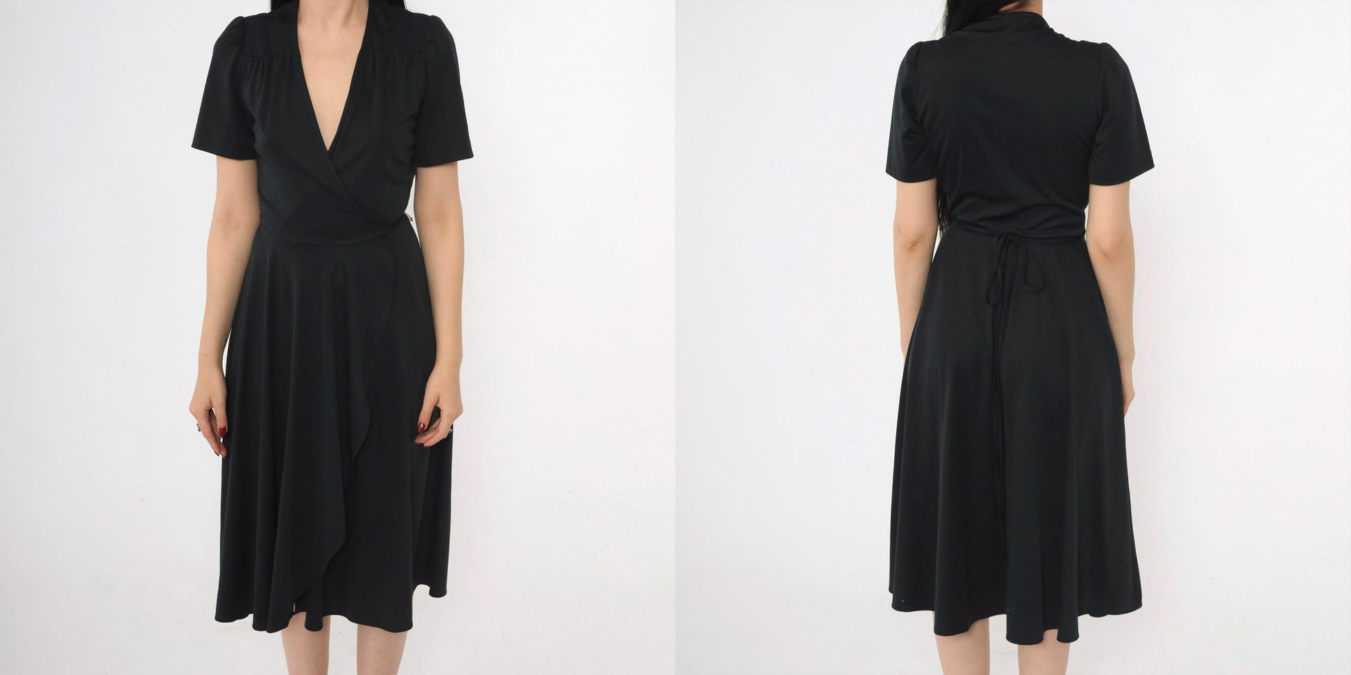 70s Young Edwardian Arpeja Black Wrap Midi Dress Puff Sleeve V Neck Small