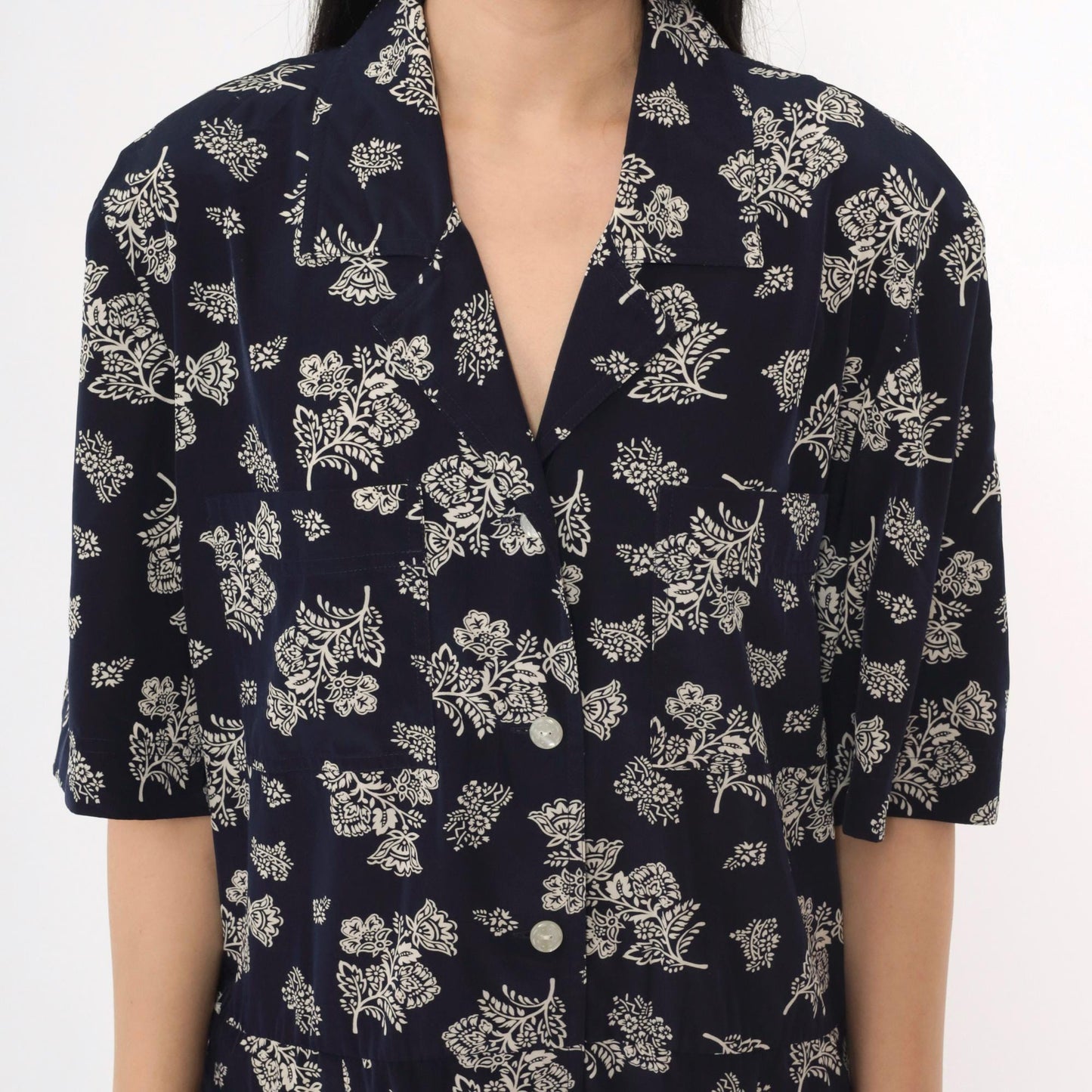 80s Liz Claiborne Navy Floral Midi Dress Drop Waist Button Front Extra Large