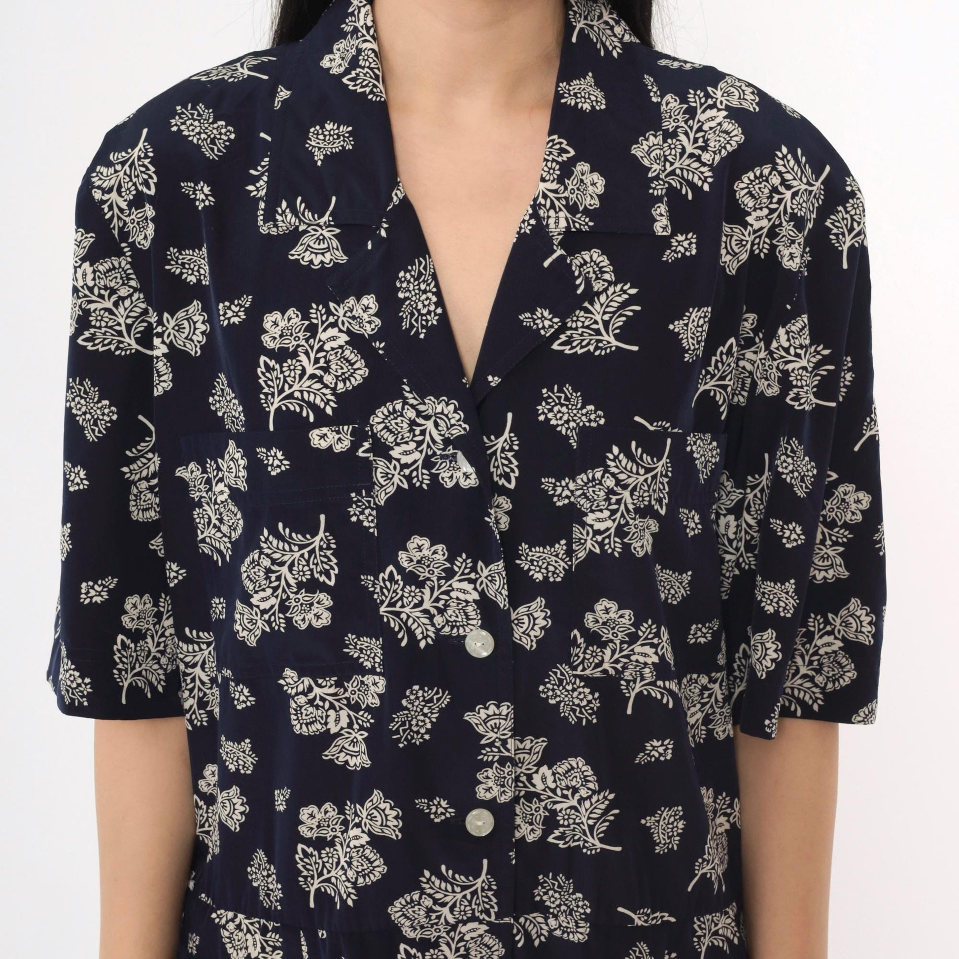 80s Liz Claiborne Navy Floral Midi Dress Drop Waist Button Front Extra Large