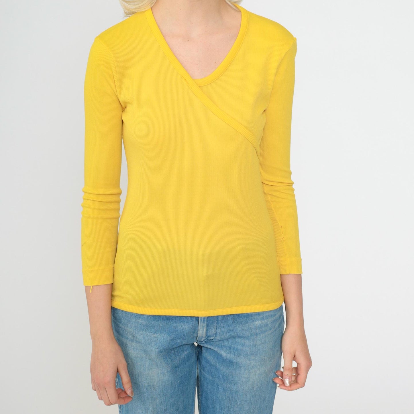 70s Yellow Ribbed Nylon Blouse Asymmetrical Faux Wrap V-Neck Long Sleeve XS