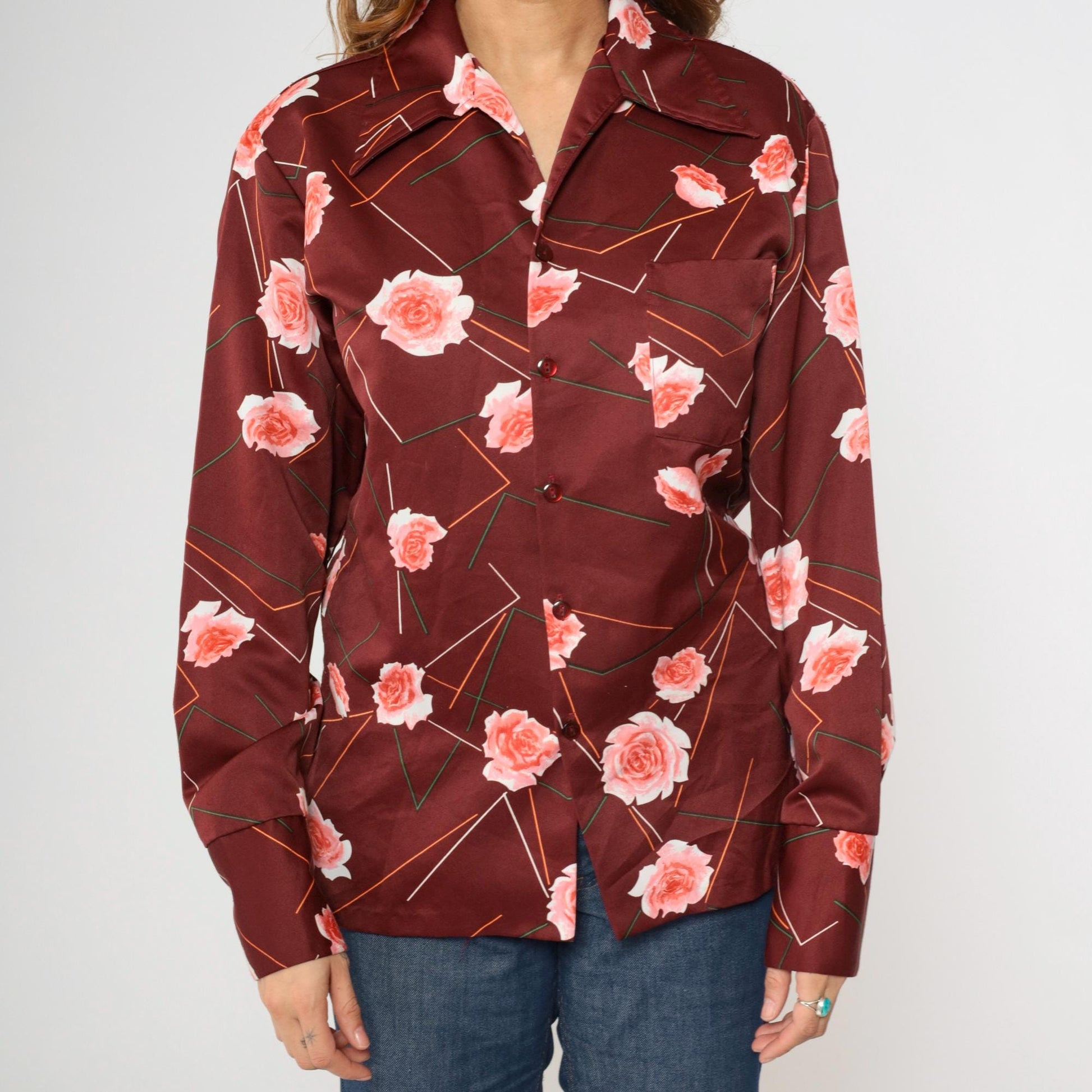 70s Triumph of California Floral Geometric Striped Button Up Shirt Maroon Medium