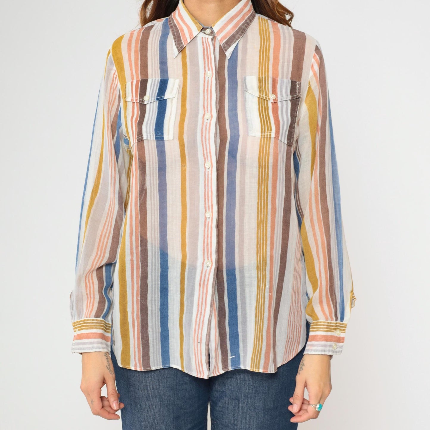 70s Tannerway Striped Button Up Shirt Sheer Earth Tone Long Sleeve Large