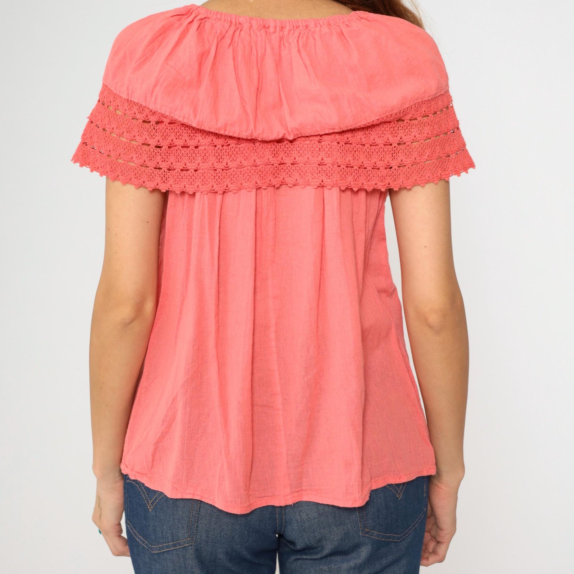 90s Coral Mexican Peasant Blouse Floral Embroidered Off-Shoulder Gauze Top Small