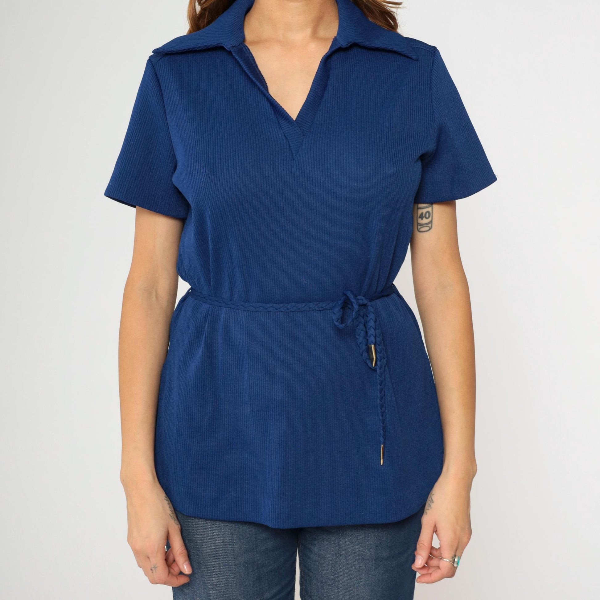70s Dark Blue Ribbed Knit Johnny Collar Blouse Short Sleeve Large L