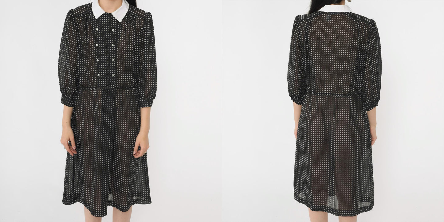 80s Black Polka Dot Midi Dress White Collar Puff Sleeve Button Front Medium M