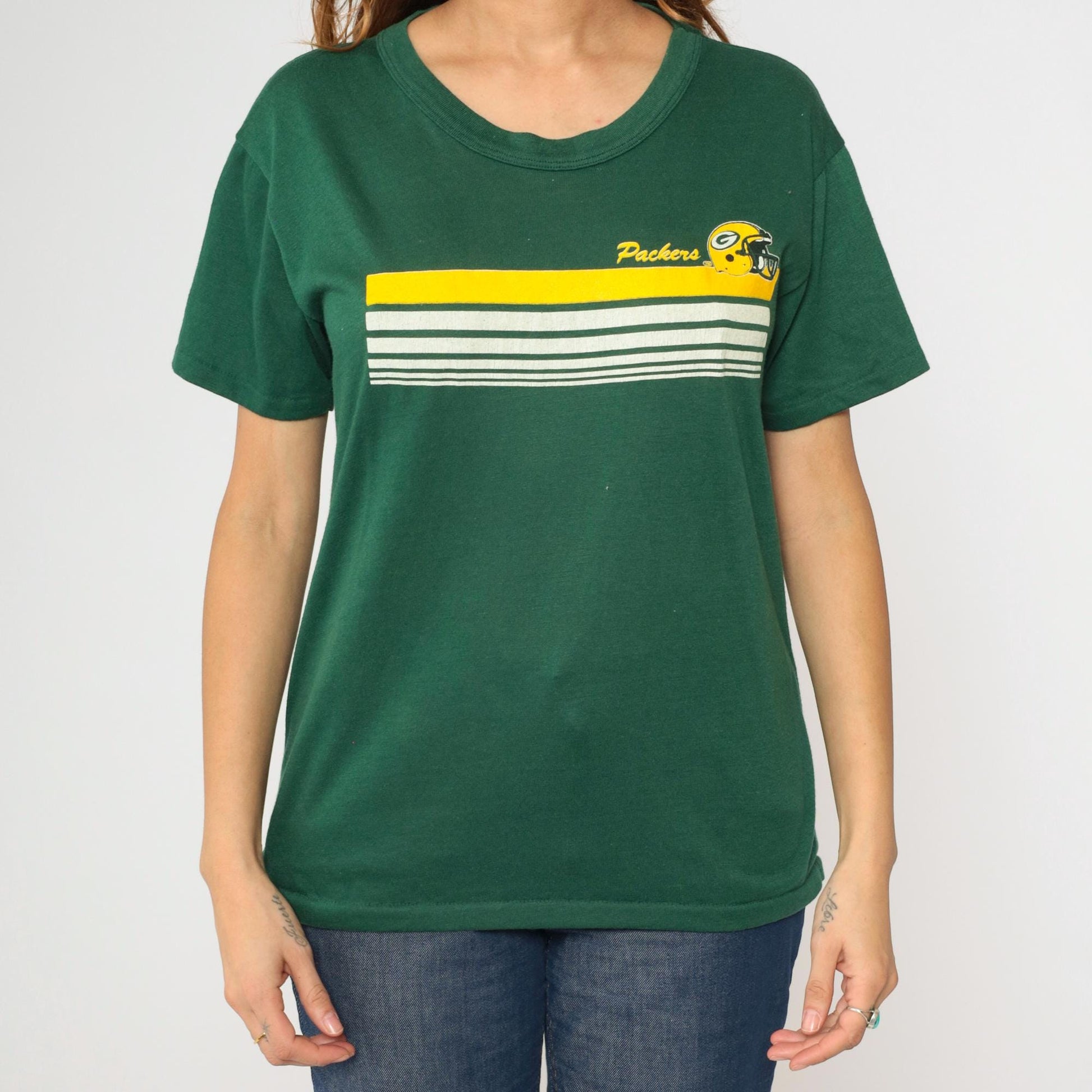 80s Green Bay Packers Graphic T-Shirt Deep Green Striped NFL Football Tee Large