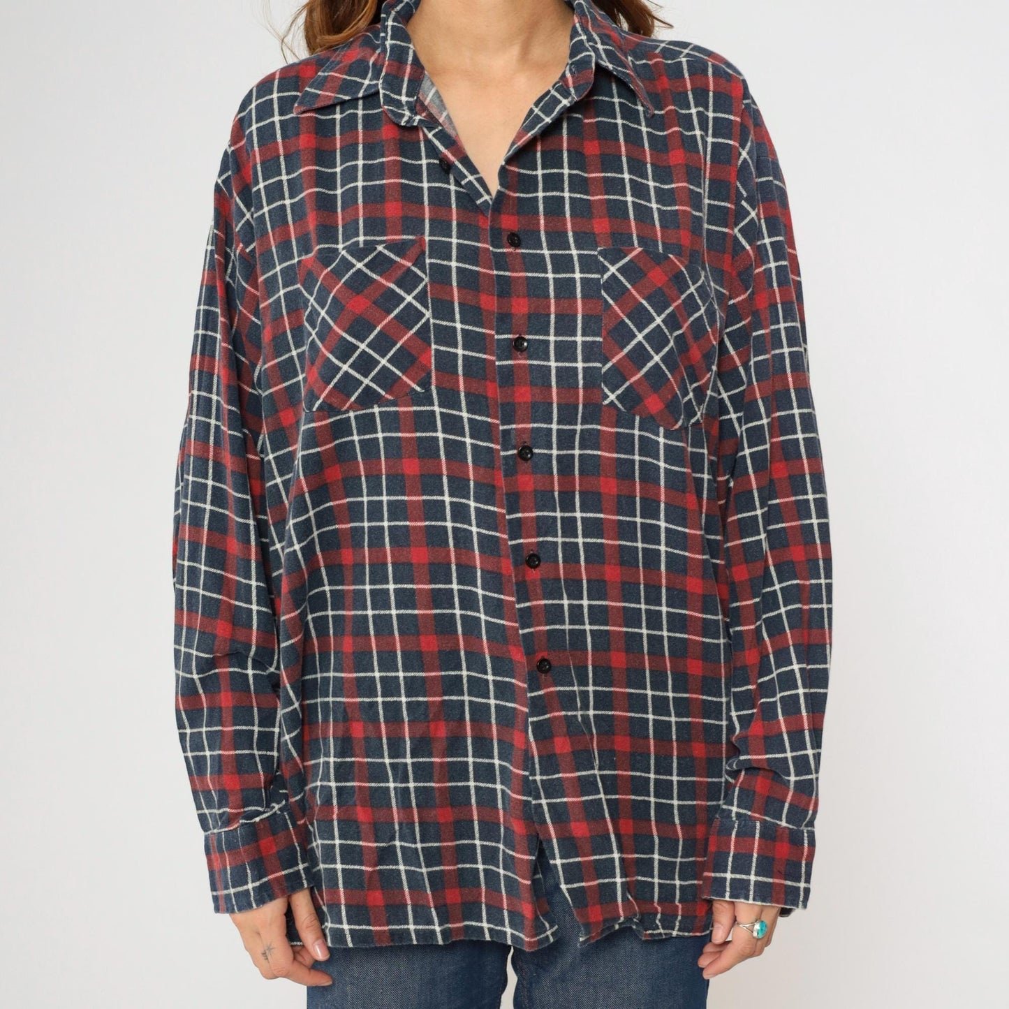 90s Saugatuck Drygoods Plaid Flannel Shirt Red Blue Cotton Button Up Extra Large
