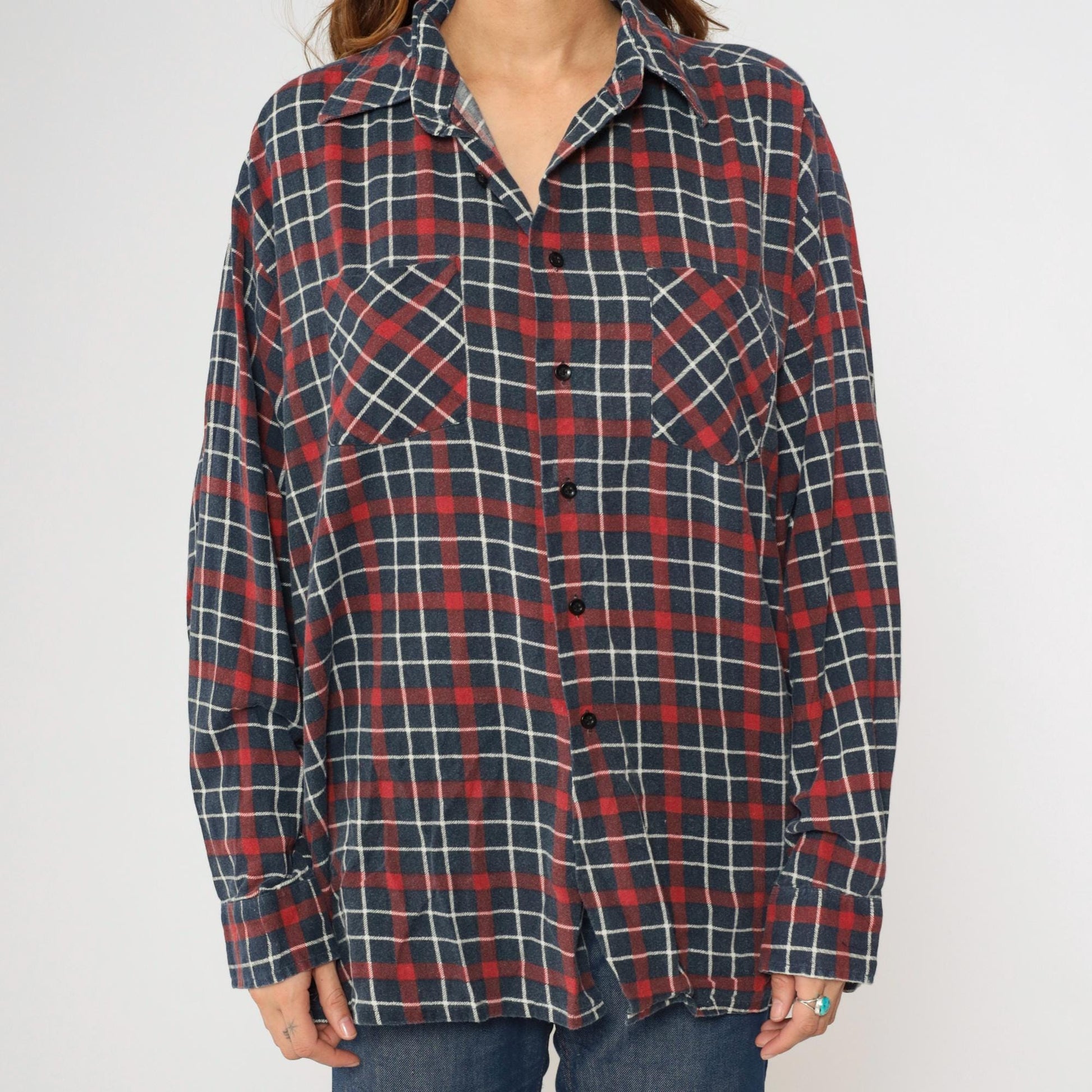 90s Saugatuck Drygoods Plaid Flannel Shirt Red Blue Cotton Button Up Extra Large