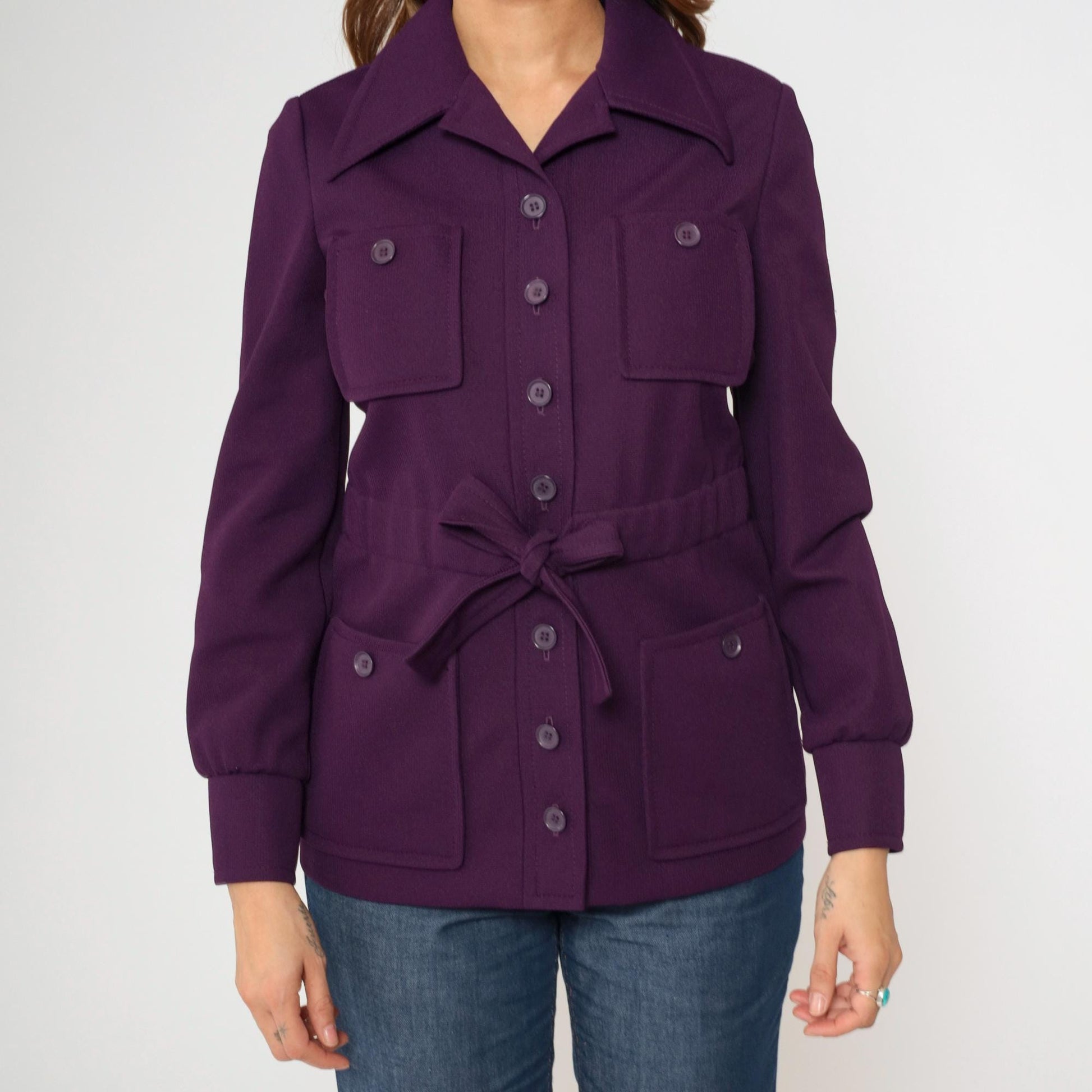 70s Purple Safari Jacket Wide Collar Belted Utility Pockets Small