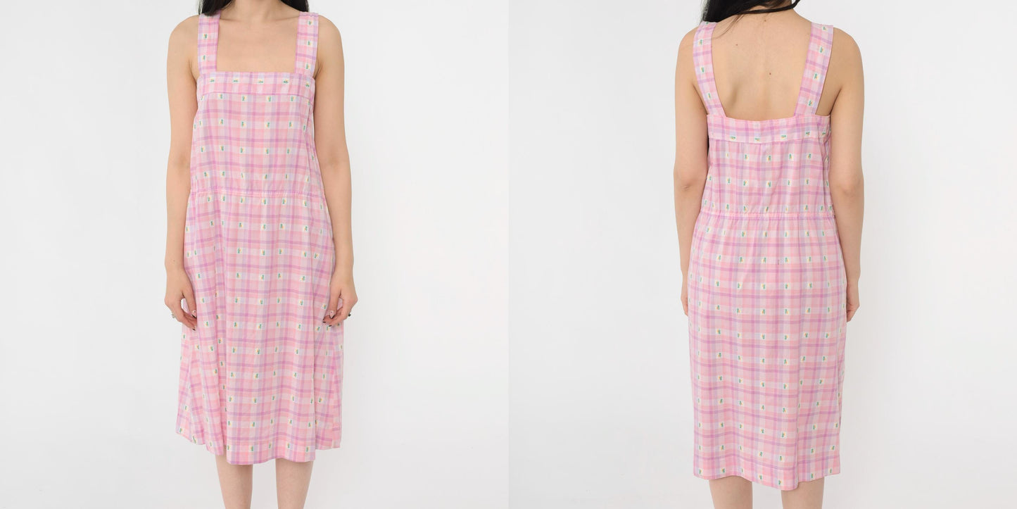 80s Pink Purple Plaid Midi Sundress Embroidered Palm Trees Sleeveless Small