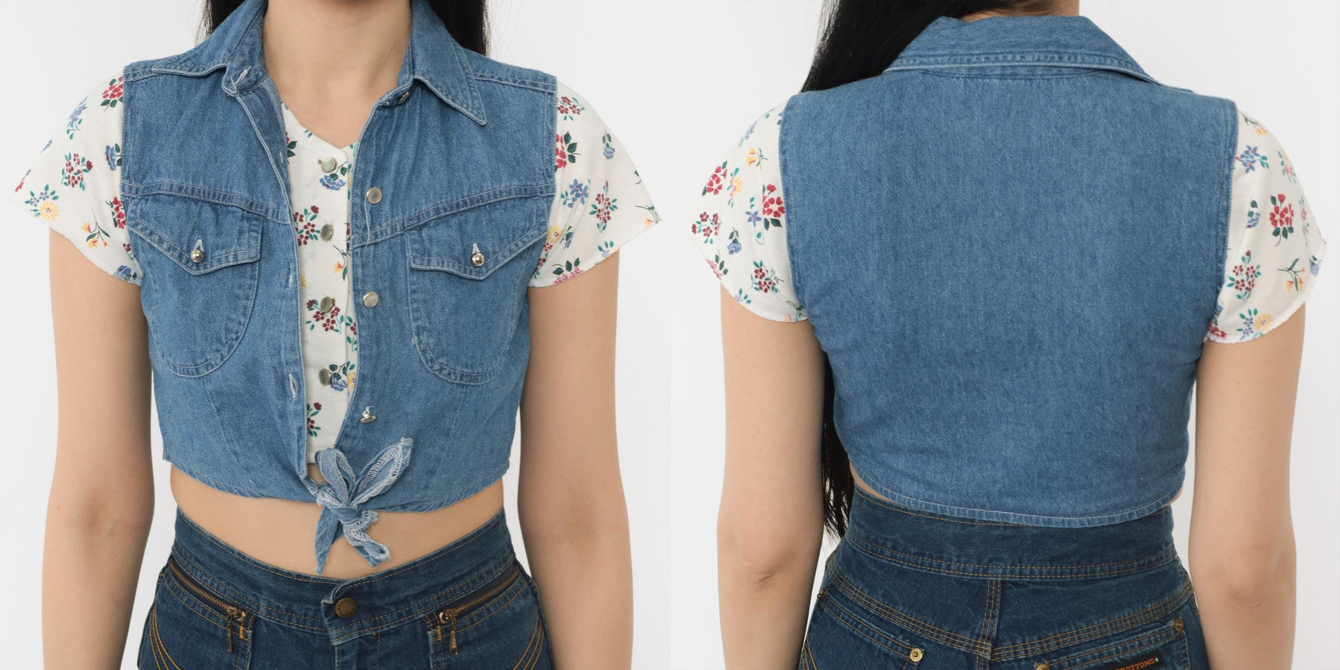 90s Floral Crop Top With Attached Denim Vest Button Up Blouse White XXS