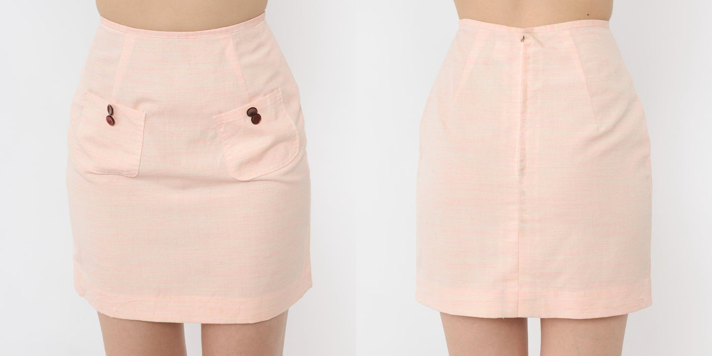 60s Pink Mini Skirt High Waist Mod Pencil Cut Pockets Extra Small
