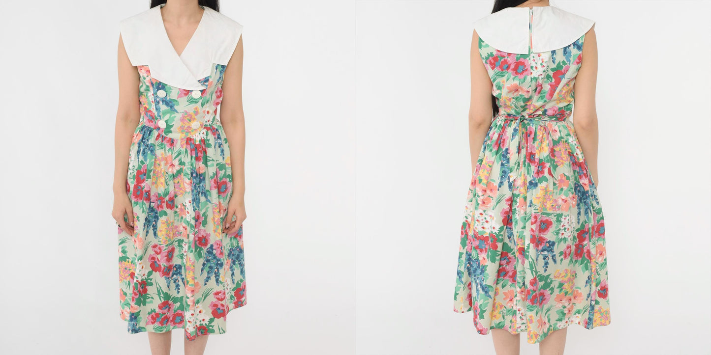 80s Floral Midi Dress Green White Collar Double Breasted Sleeveless Small